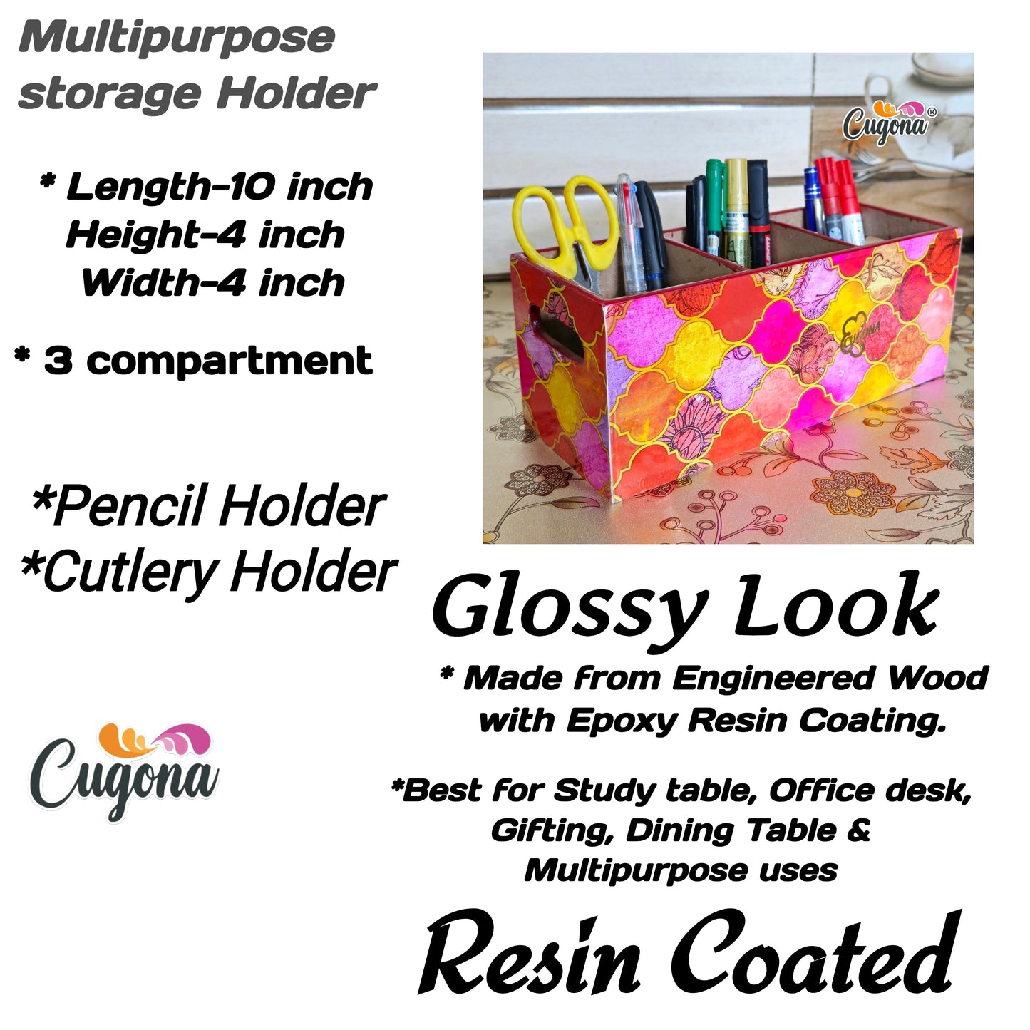 CUGONA Wooden Cutlery Holder - 3 Section, Engineered Wood with Epoxy Resin Coating, multipurpose stand