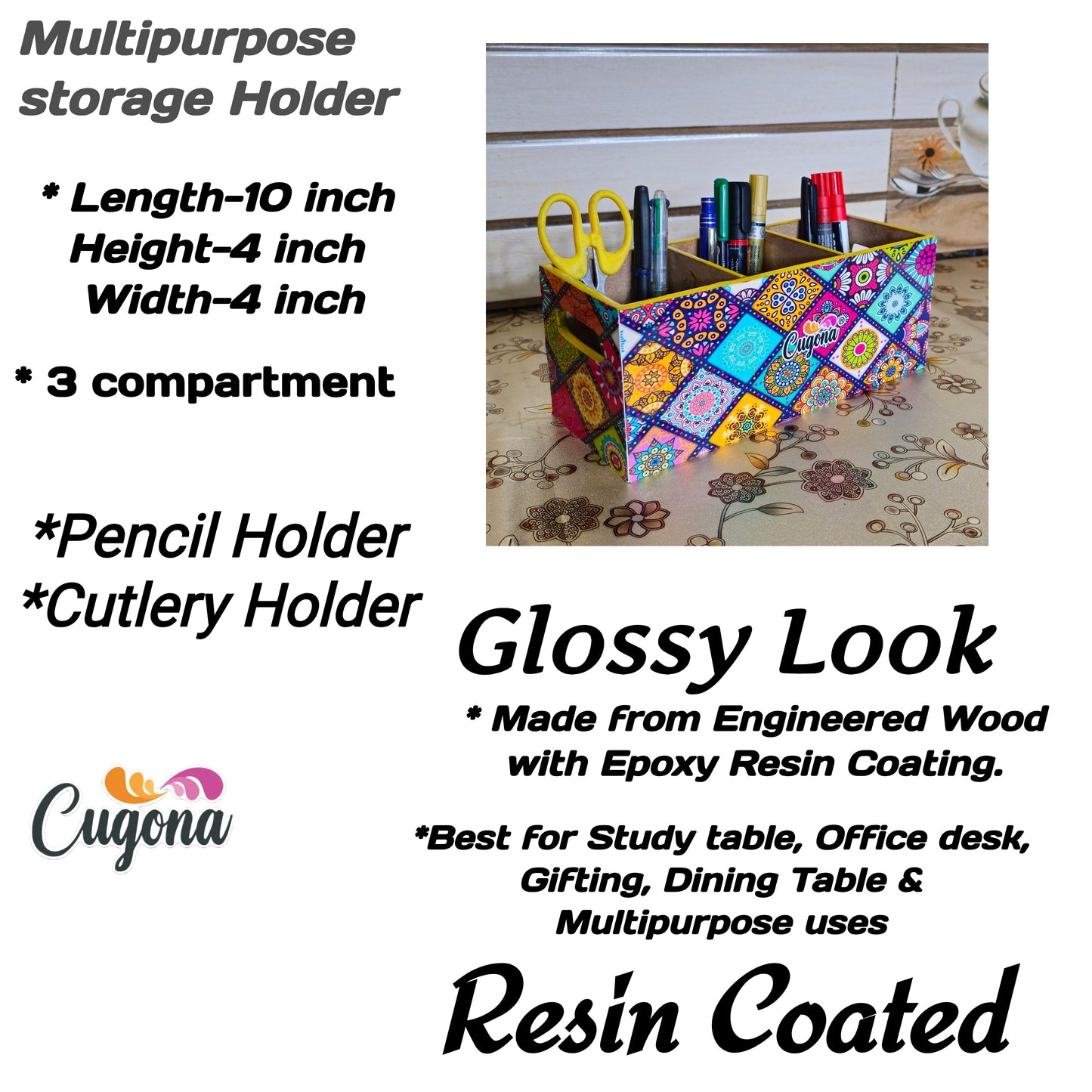 CUGONA Wooden Cutlery Holder - 3 Section, Engineered Wood with Epoxy Resin Coating, multipurpose stand