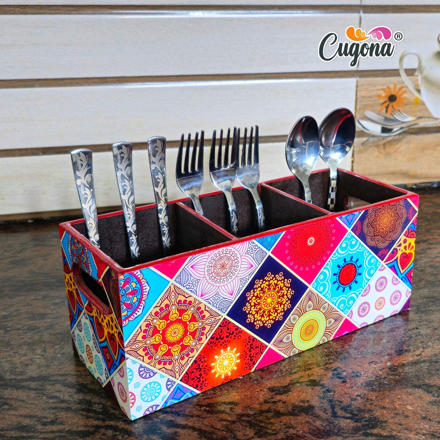 CUGONA Wooden Cutlery Holder - 3 Section, Engineered Wood with Epoxy Resin Coating, multipurpose stand