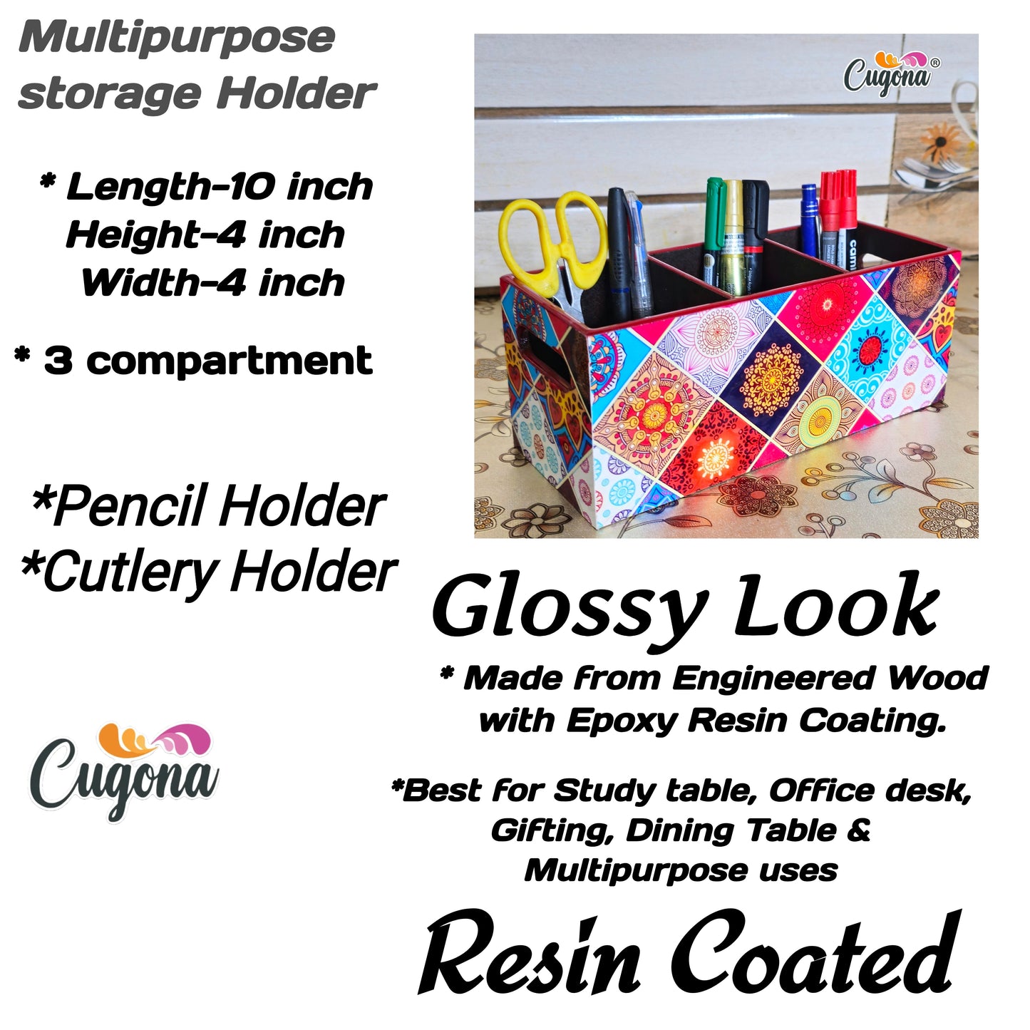 CUGONA Wooden Cutlery Holder - 3 Section, Engineered Wood with Epoxy Resin Coating, multipurpose stand