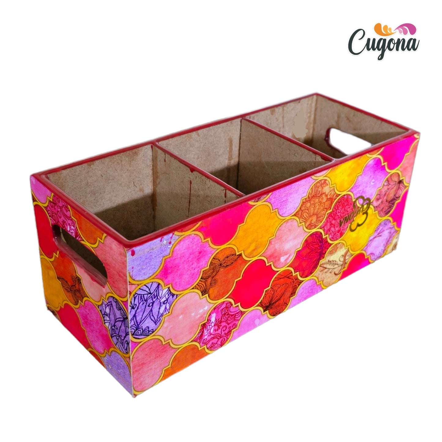 CUGONA Wooden Cutlery Holder - 3 Section, Engineered Wood with Epoxy Resin Coating, multipurpose stand