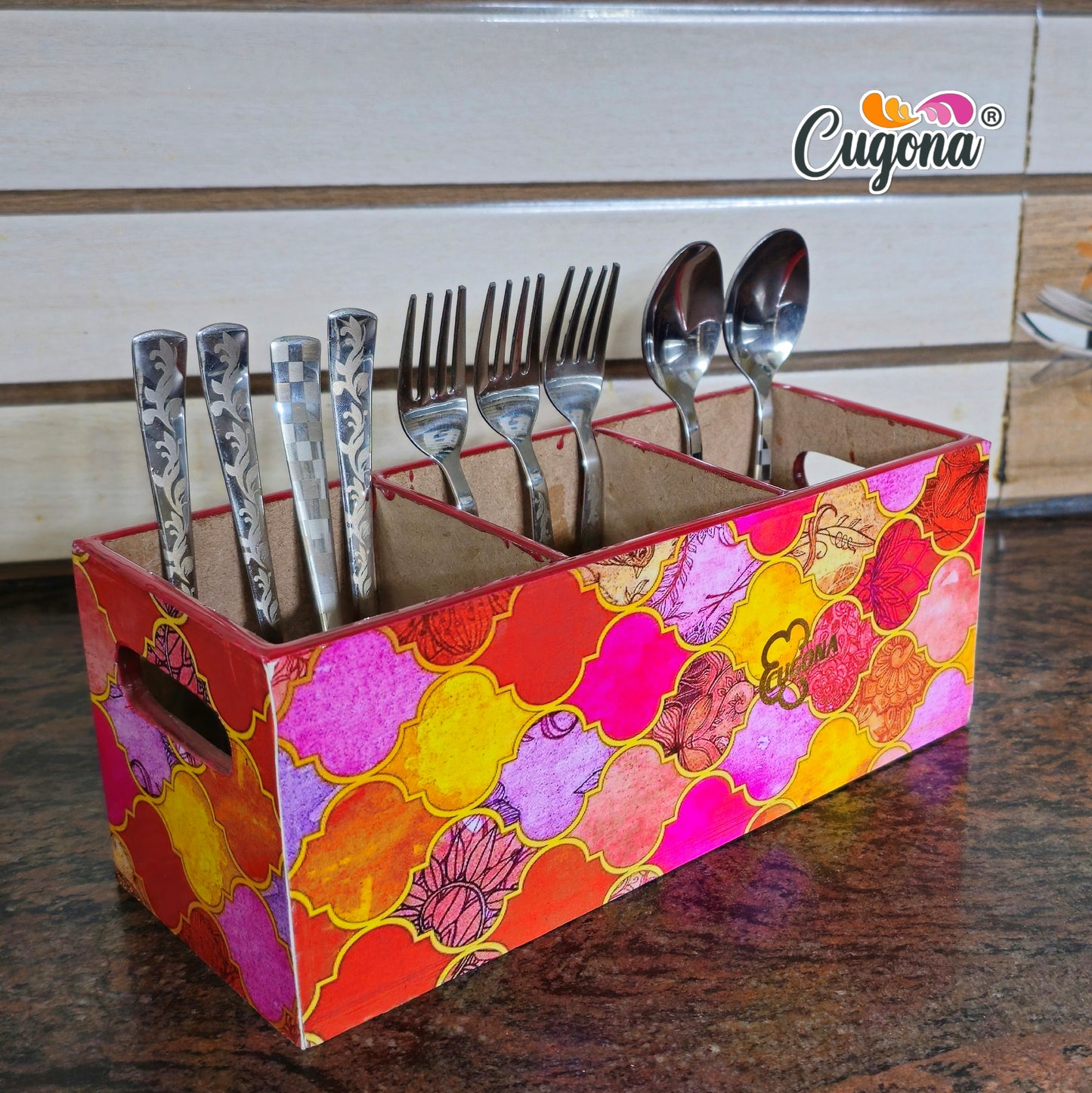 CUGONA Wooden Cutlery Holder - 3 Section, Engineered Wood with Epoxy Resin Coating, multipurpose stand