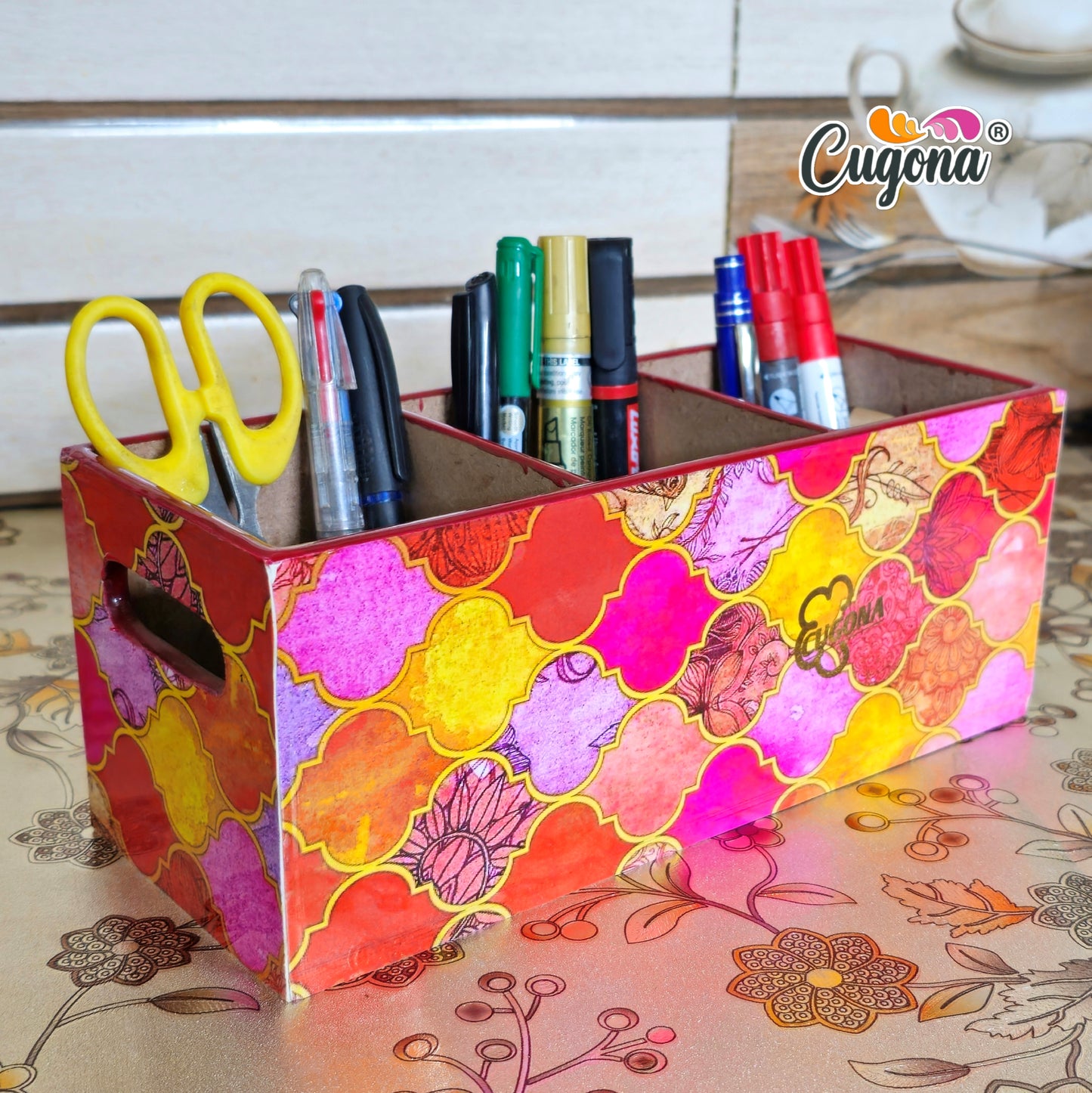 CUGONA Wooden Cutlery Holder - 3 Section, Engineered Wood with Epoxy Resin Coating, multipurpose stand
