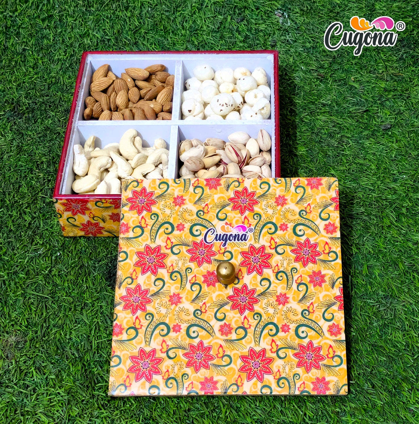Wooden Dry Fruit Box container with lid- 7x7 Inch 4 Sections