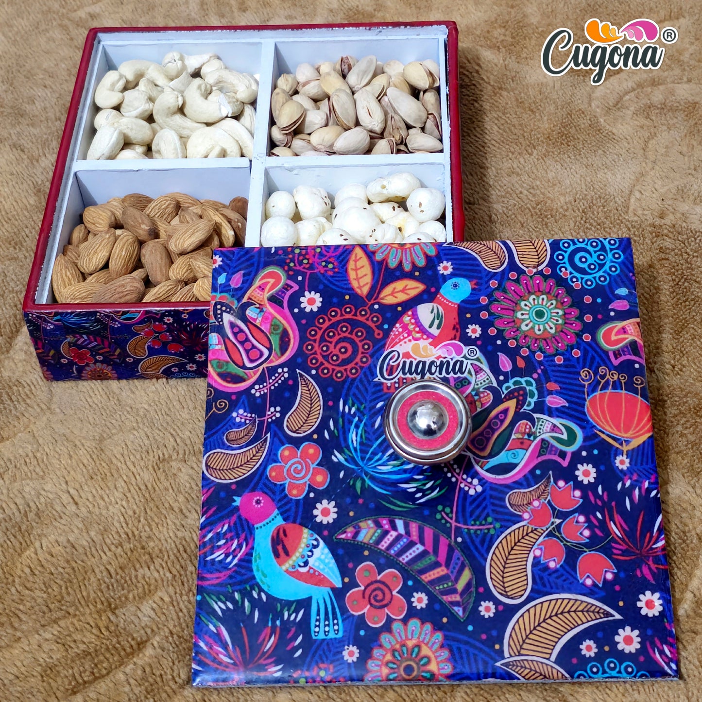 Wooden Dry Fruit Box container with lid- 7x7 Inch 4 Sections
