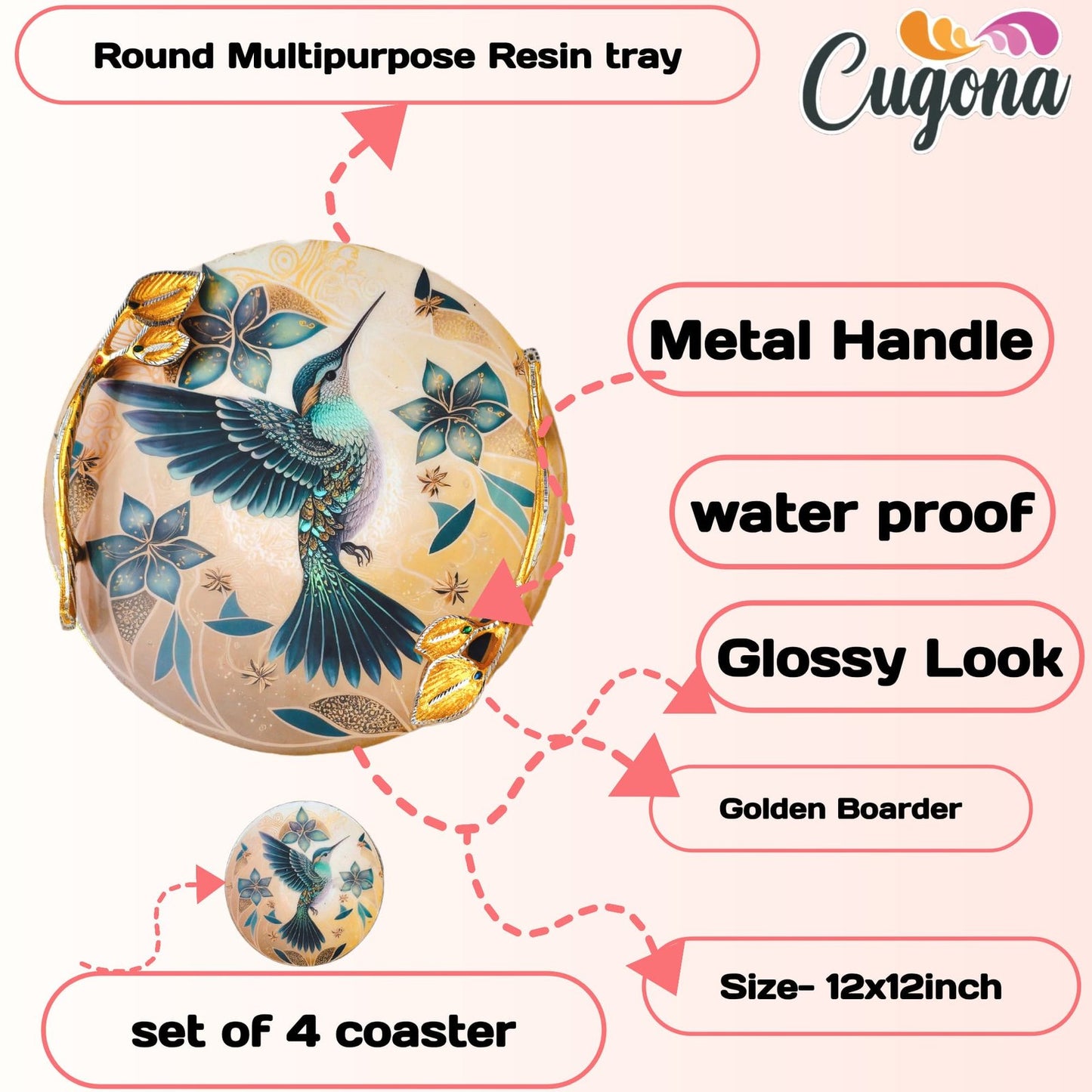 Round Serving Tray with Golden Metal Handles –12x12 Inch Resin tray with 4 coasters