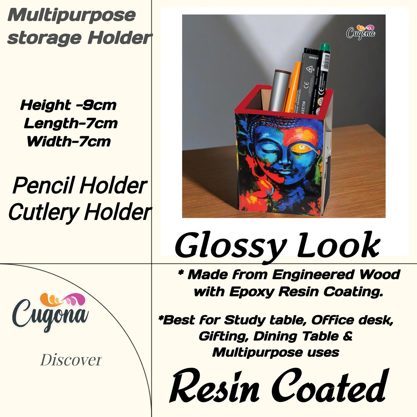 Wooden Pen Stand with Glossy Epoxy Finish – Multipurpose 7x7x9 cm"