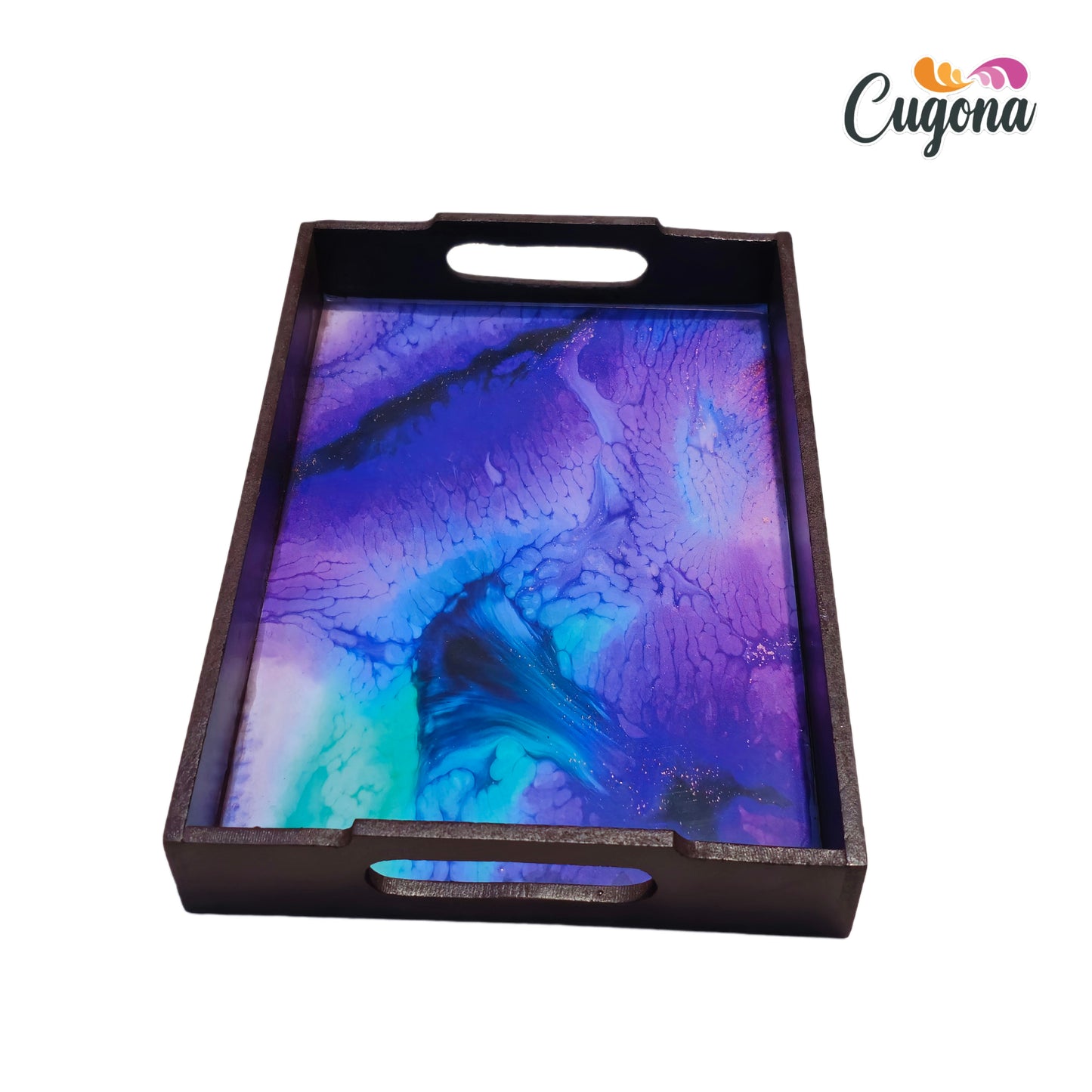 CUGONA® Wooden Serving Tray with Epoxy Resin Coating - 12x8 Inch Rectangular Tray, Glossy Finish, Lightweight & Multipurpose for Serving, Organizing, and Home Decor