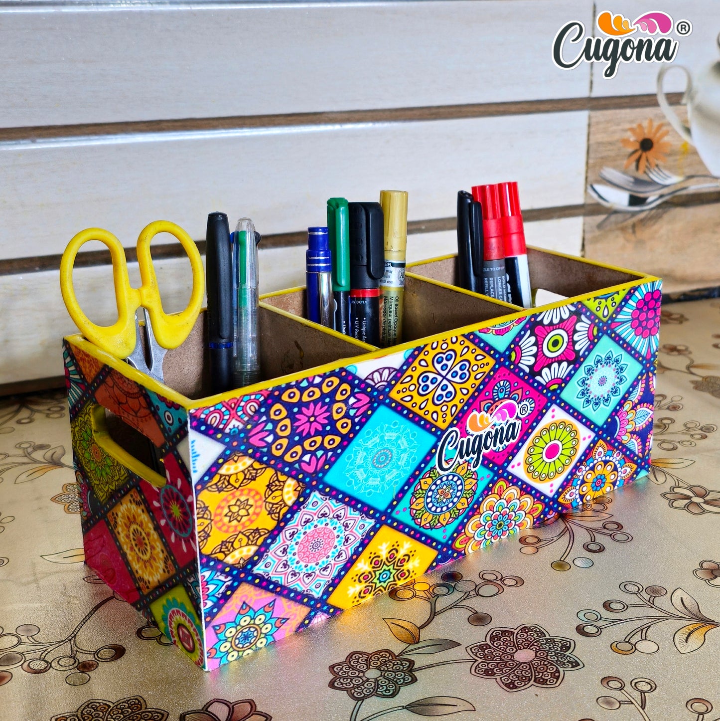 CUGONA Wooden Cutlery Holder - 3 Section, Engineered Wood with Epoxy Resin Coating, multipurpose stand