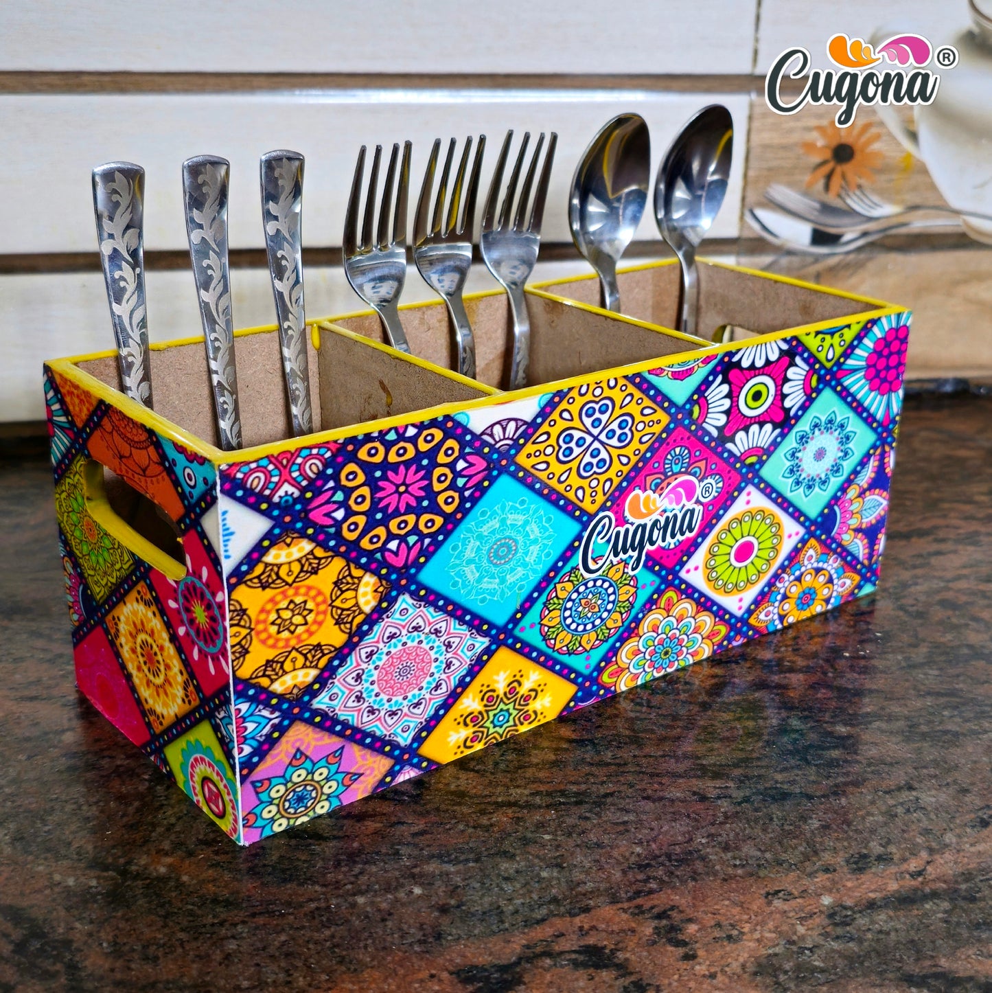 CUGONA Wooden Cutlery Holder - 3 Section, Engineered Wood with Epoxy Resin Coating, multipurpose stand