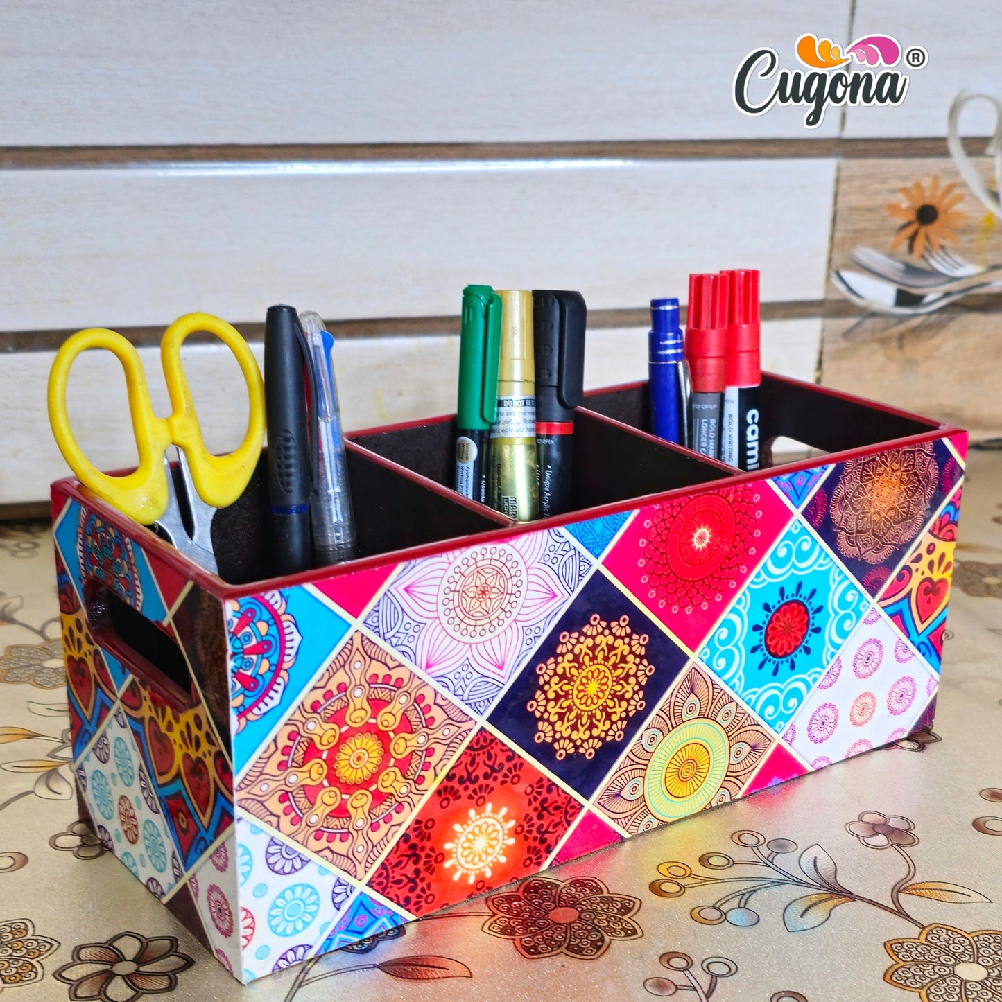 CUGONA Wooden Cutlery Holder - 3 Section, Engineered Wood with Epoxy Resin Coating, multipurpose stand