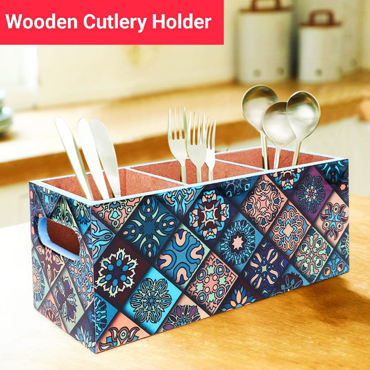 CUGONA Wooden Cutlery Holder - 3 Section,  Engineered Wood with Epoxy Resin Coating, multipurpose stand