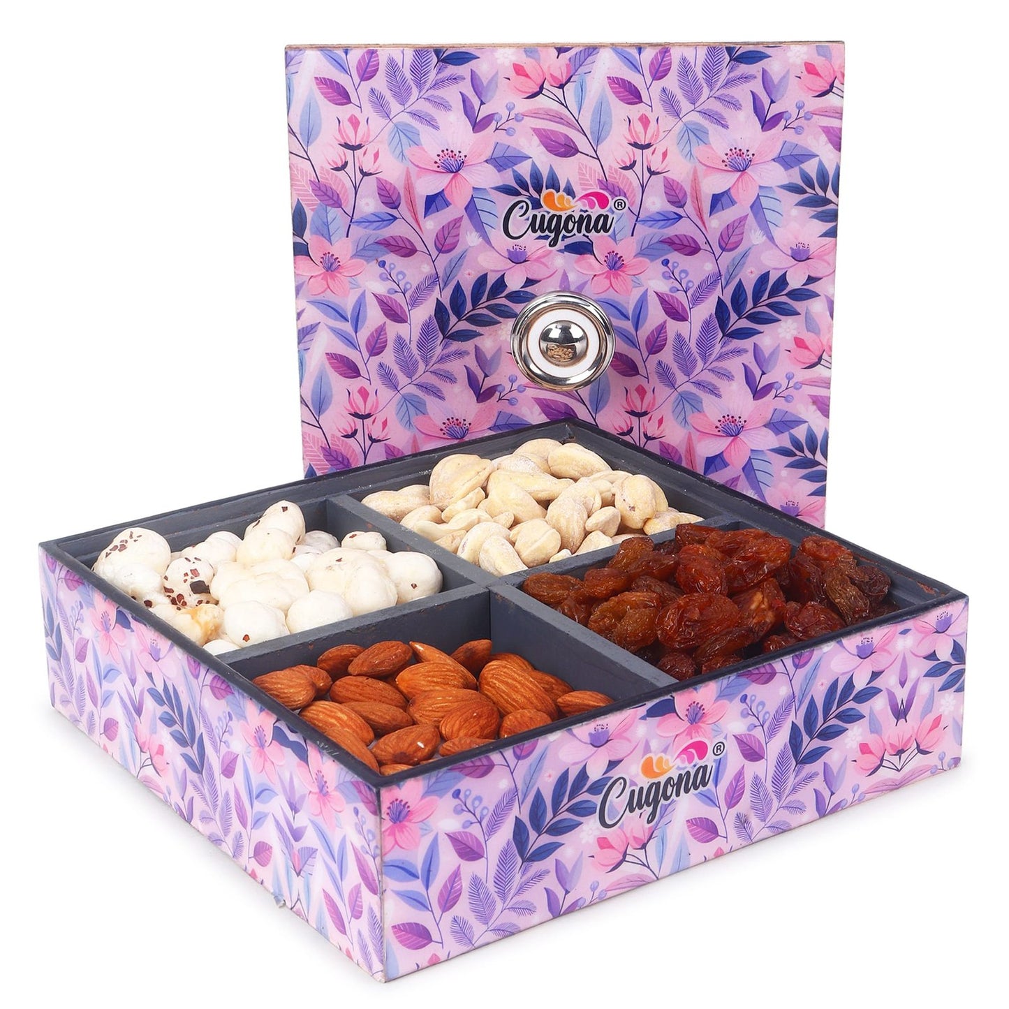 Wooden Dry Fruit Box container with lid- 7x7 Inch   4 Sections