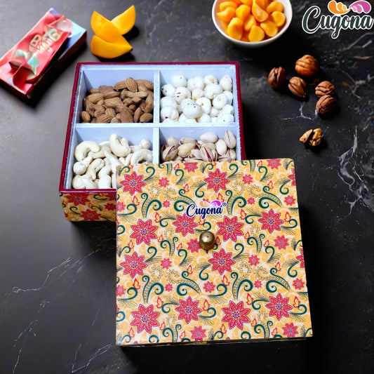 Wooden Dry Fruit Box container with lid- 7x7 Inch   4 Sections