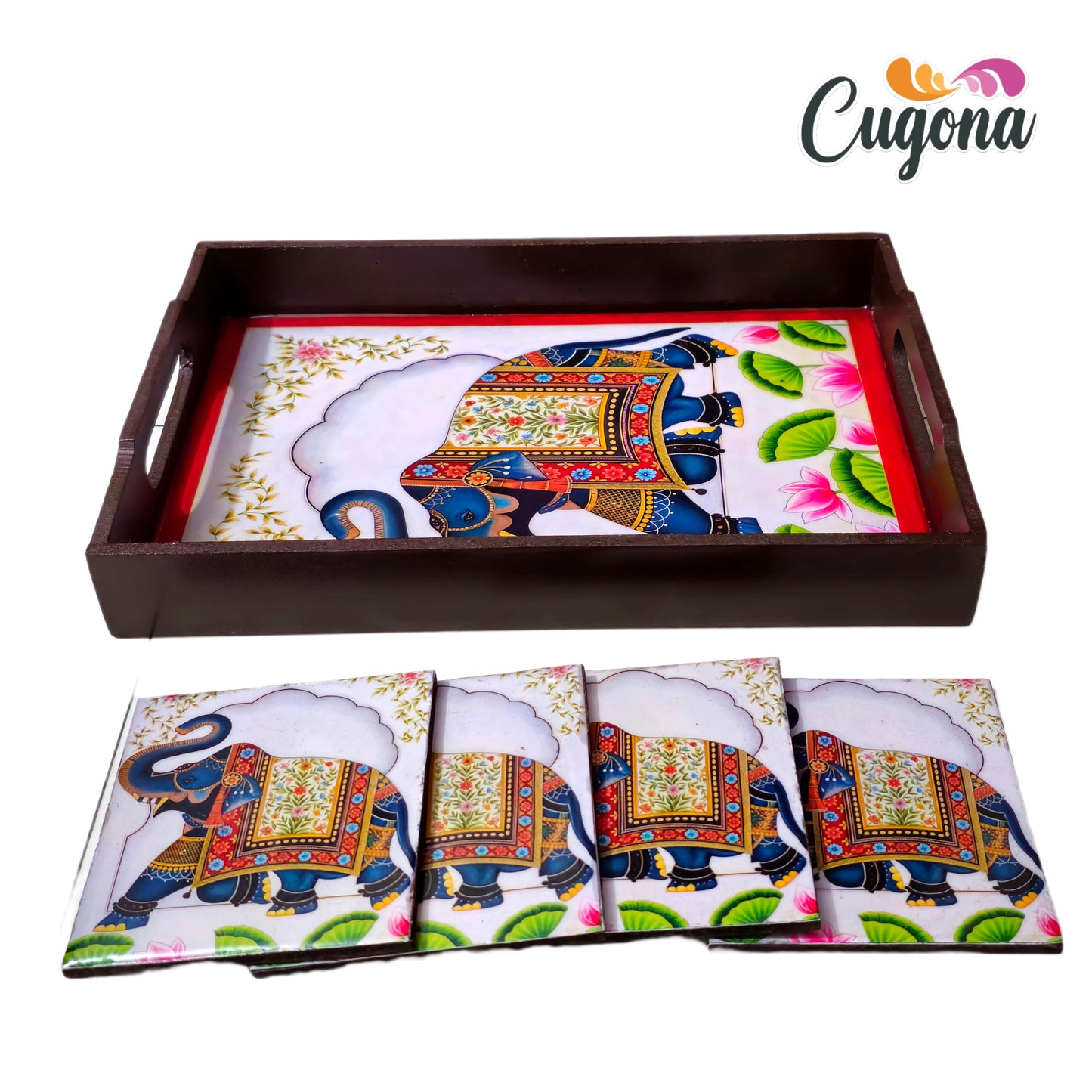 CUGONA® Wooden Serving Tray with Coaster Set of 4 - 12x8 Inch Rectangular Tray with Epoxy Resin Coating, Glossy Finish, Lightweight & Multipurpose for Serving, Organizing, and Home Decor