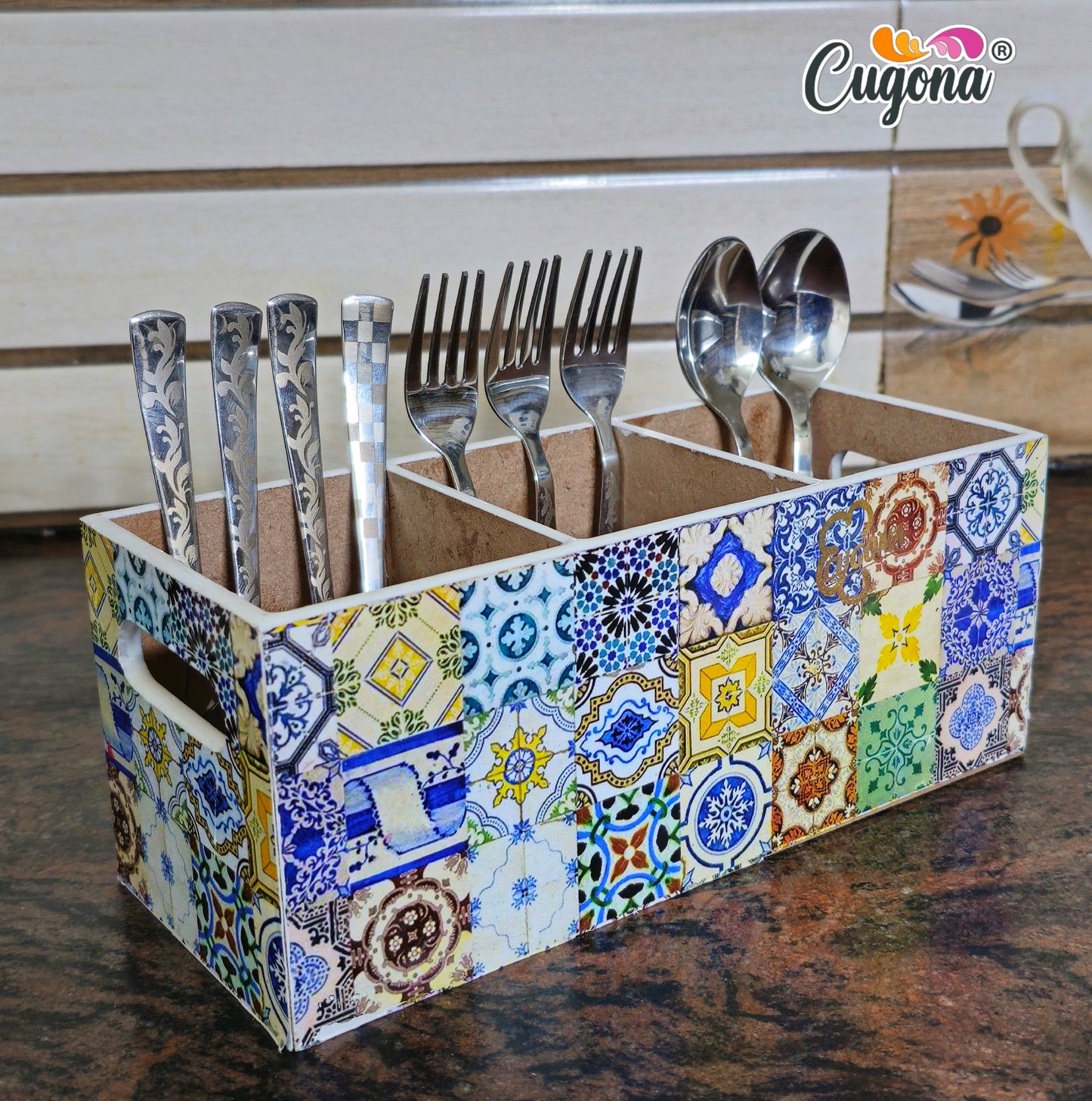 CUGONA Wooden Cutlery Holder - 3 Section,  Engineered Wood with Epoxy Resin Coating, multipurpose stand