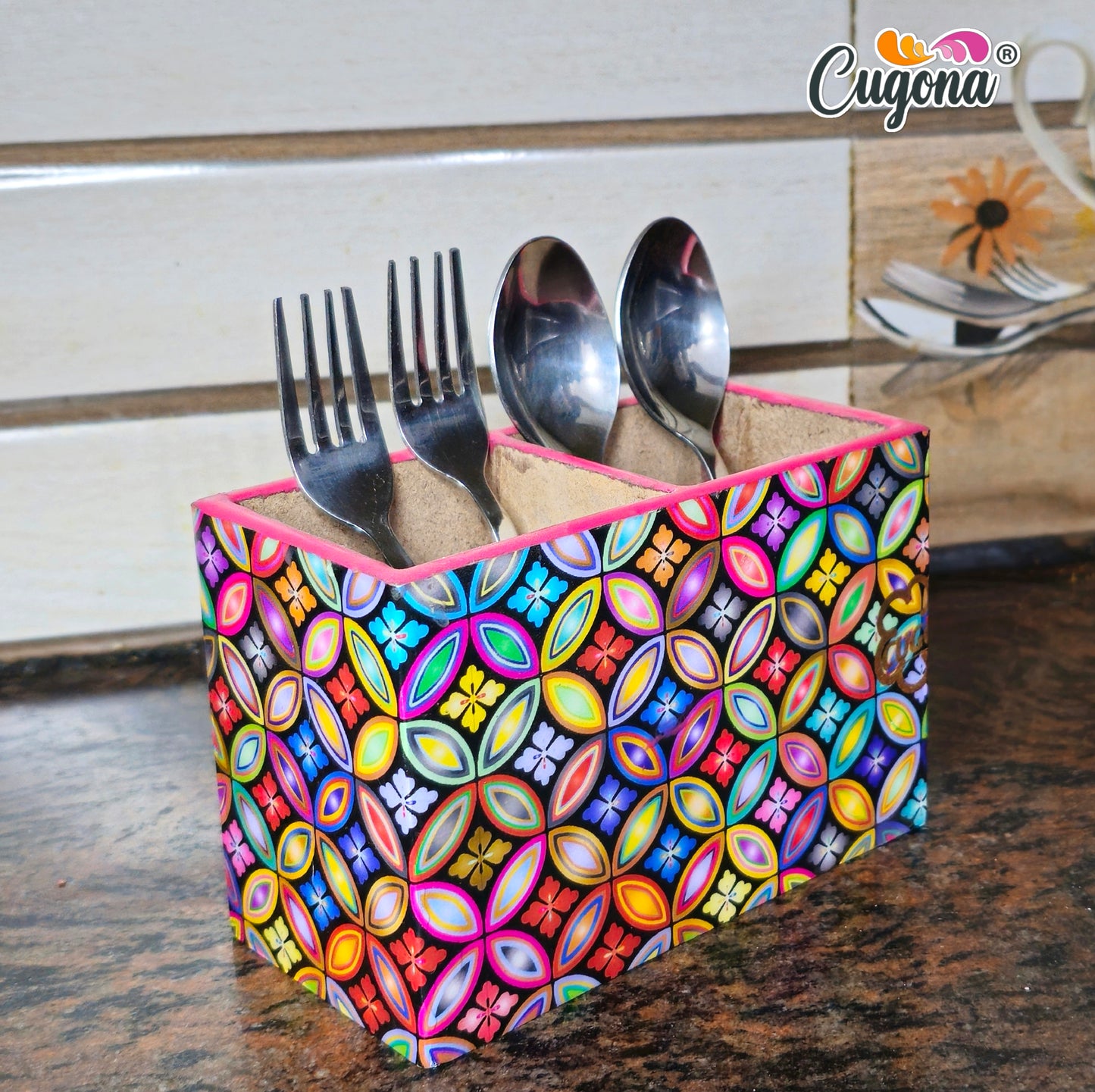 Wooden Cutlery Holder - 2 Section, Engineered Wood with Epoxy Resin Coating - multipurpose holder