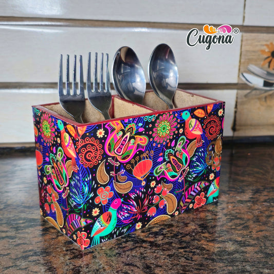 Wooden Cutlery Holder - 2 Section, Engineered Wood with Epoxy Resin Coating - multipurpose holder