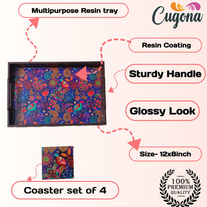 CUGONA® Wooden Serving Tray with Coaster Set of 4 - 12x8 Inch Rectangular Tray with Epoxy Resin Coating, Glossy Finish, Lightweight & Multipurpose for Serving, Organizing, and Home Decor