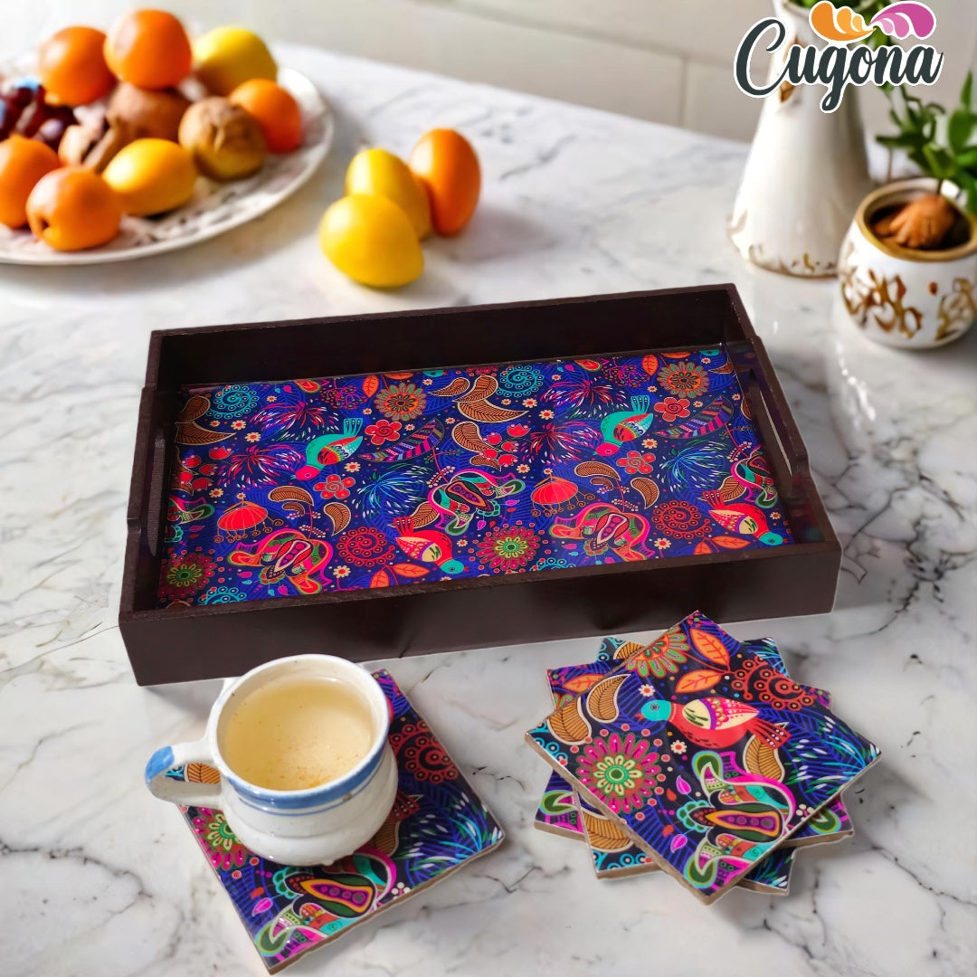 CUGONA® Wooden Serving Tray with Coaster Set of 4 - 12x8 Inch Rectangular Tray with Epoxy Resin Coating, Glossy Finish, Lightweight & Multipurpose for Serving, Organizing, and Home Decor