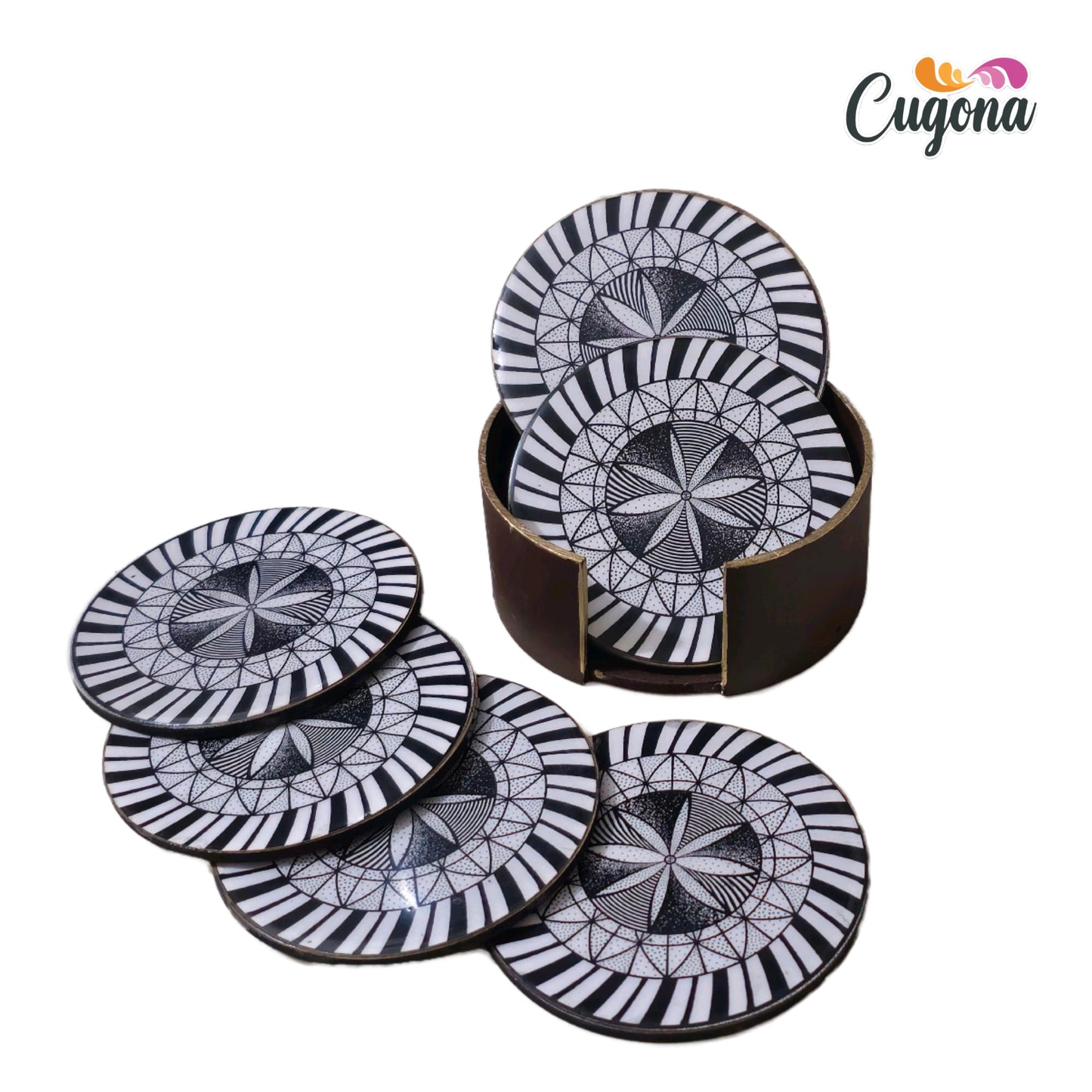 CUGONA® Wooden Coaster Set of 6 with Holder - Round, Glossy Epoxy Resin Finish, Tabletop Protection for Home, Office, and Gifting