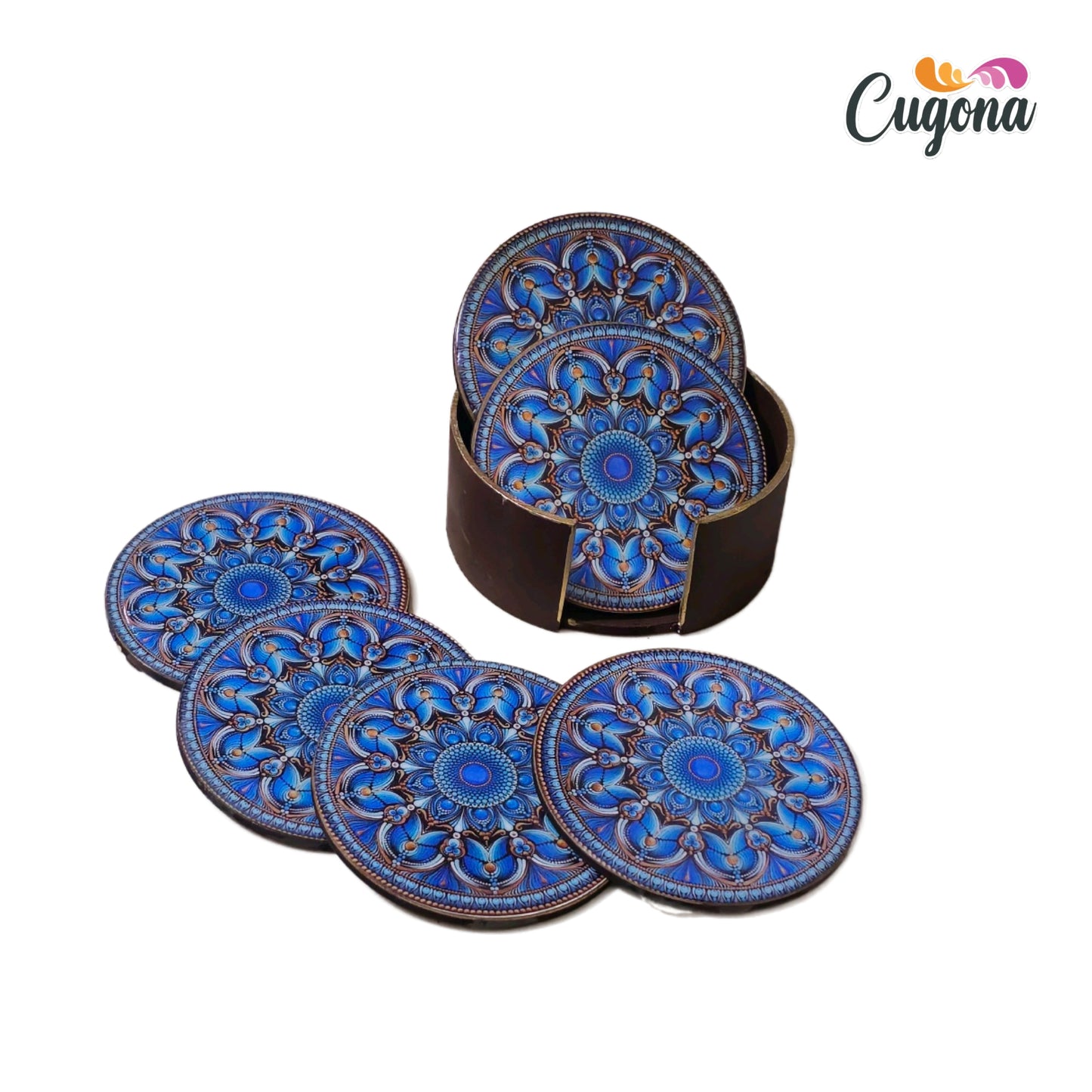 CUGONA® Wooden Coaster Set of 6 with Holder - Round, Glossy Epoxy Resin Finish, Tabletop Protection for Home, Office, and Gifting