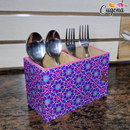 Wooden Cutlery Holder - 2 Section, Engineered Wood with Epoxy Resin Coating - multipurpose holder