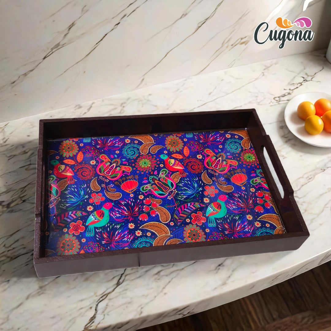 CUGONA® Wooden Serving Tray with Epoxy Resin Coating - 12x8 Inch Rectangular Tray, Glossy Finish, Lightweight & Multipurpose for Serving, Organizing, and Home Decor