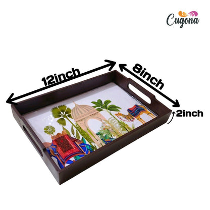 CUGONA® Wooden Serving Tray with Epoxy Resin Coating - 12x8 Inch Rectangular Tray, Glossy Finish, Lightweight & Multipurpose for Serving, Organizing, and Home Decor