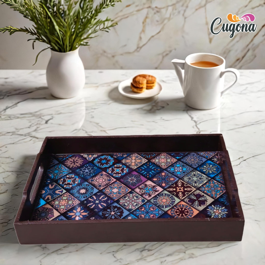 CUGONA® Wooden Serving Tray with Epoxy Resin Coating - 12x8 Inch Rectangular Tray, Glossy Finish, Lightweight & Multipurpose for Serving, Organizing, and Home Decor