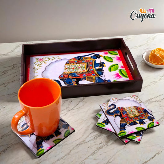 CUGONA® Wooden Serving Tray with Coaster Set of 4 - 12x8 Inch Rectangular Tray with Epoxy Resin Coating, Glossy Finish, Lightweight & Multipurpose for Serving, Organizing, and Home Decor