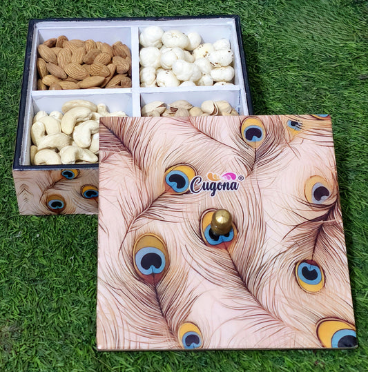 Wooden Dry Fruit Box container with lid- 7x7 Inch   4 Sections