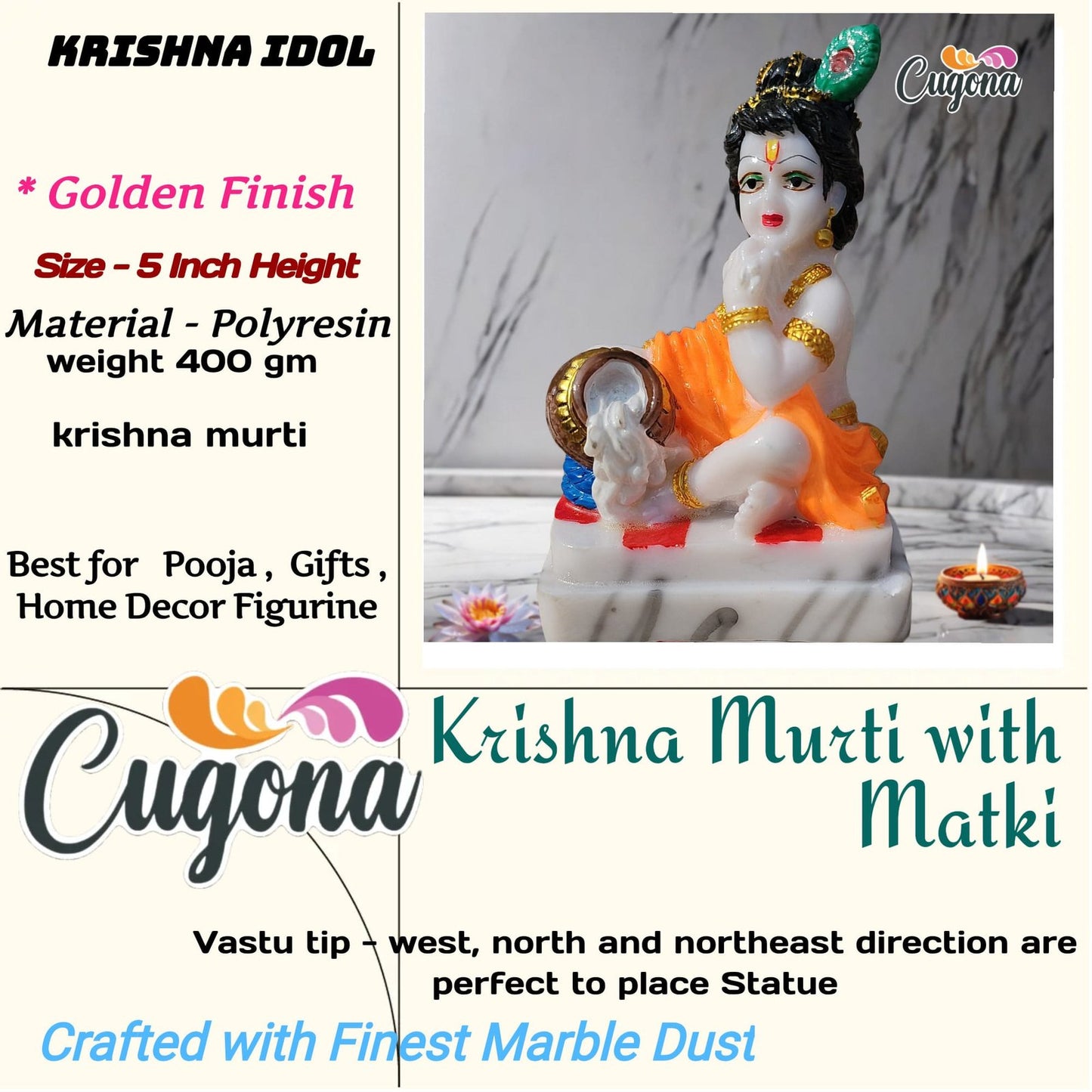 Krishna Idol for home - 5 Inch Polyresin marble dust