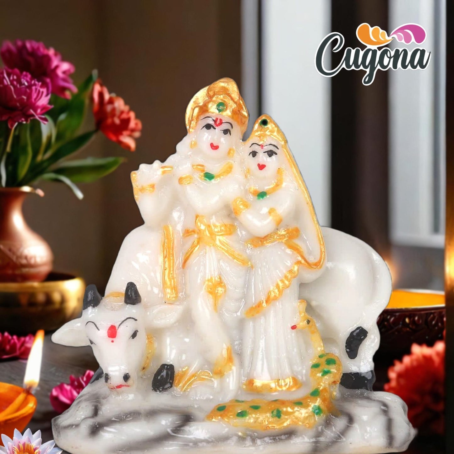 Radha Krishna Murti with Cow - 4inch Cultured dust Marble