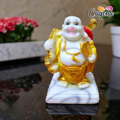 Laughing Buddha statue with Back Potli with 4inch polyresin marble dust