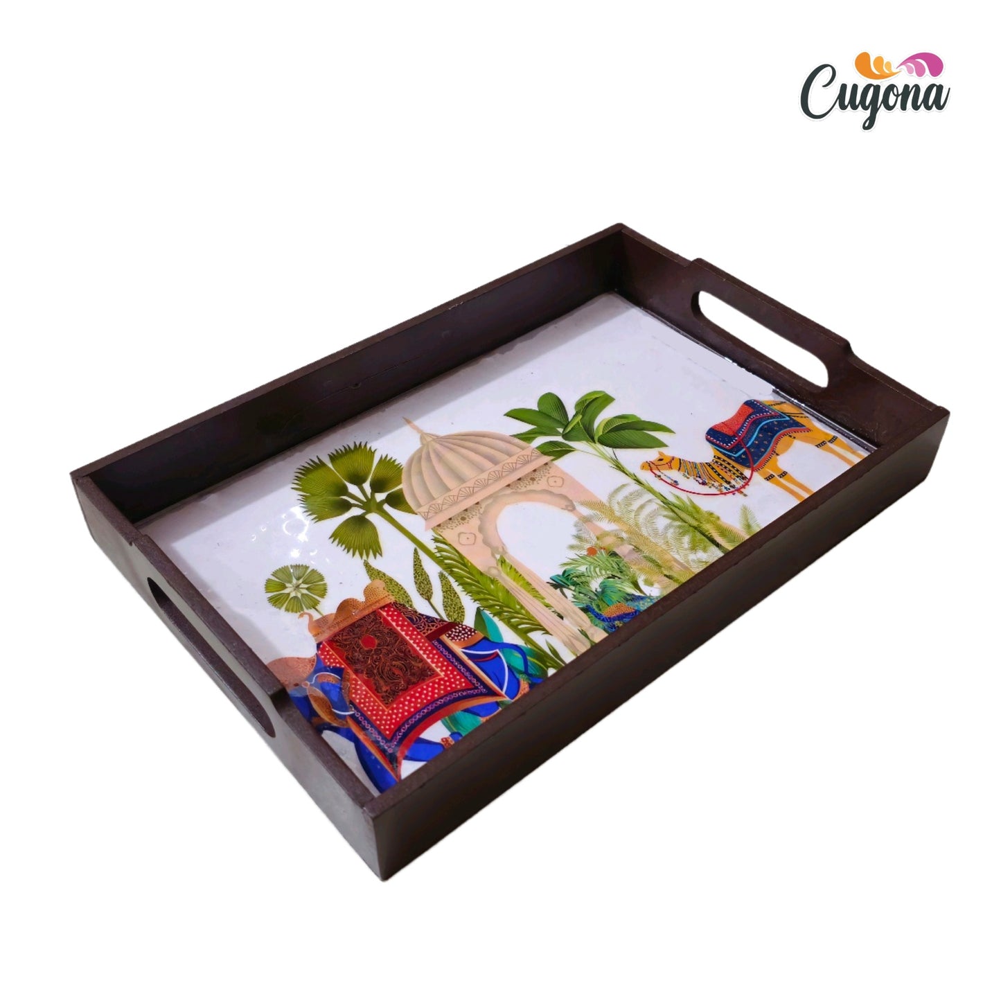 CUGONA® Wooden Serving Tray with Coaster Set of 4 - 12x8 Inch Rectangular Tray with Epoxy Resin Coating, Glossy Finish, Lightweight & Multipurpose for Serving, Organizing, and Home Decor