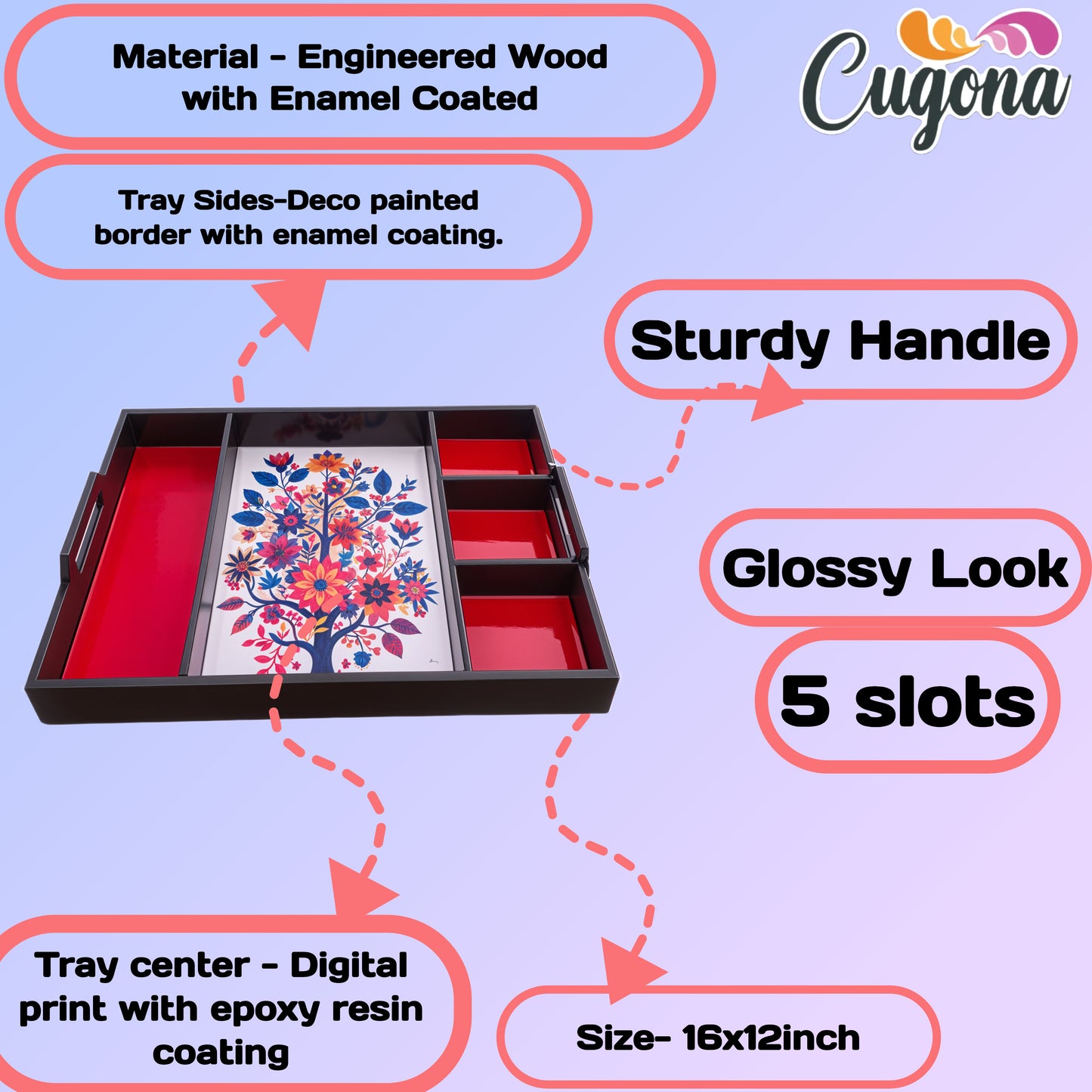 Wooden partition tray 5 Compartment Partition – Epoxy Resin Coating, 16x12 Inch