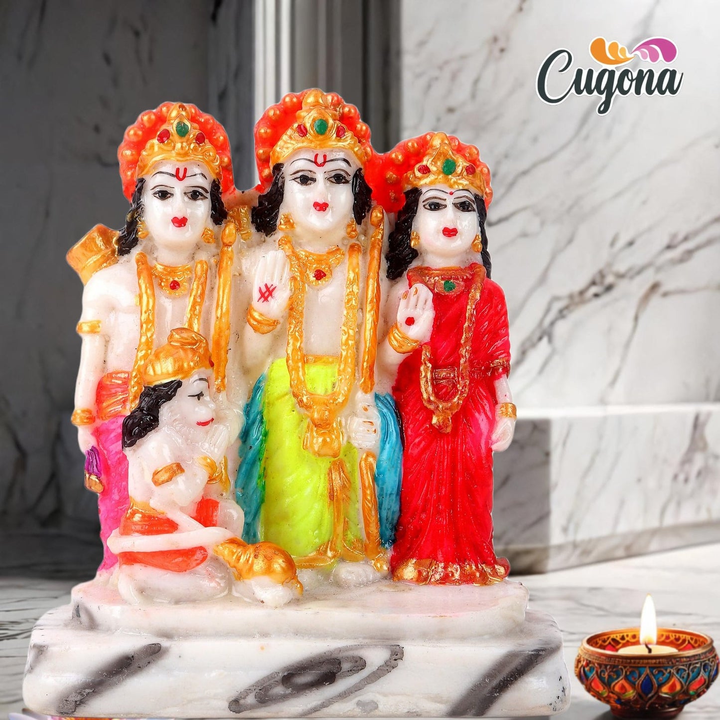 Ram Darbar Murti 4.5 Inch Marble Statue - Lord Ram, Laxman, Sita, Hanuman Idol for Home, Car, Temple, Pooja Room Decor Premium