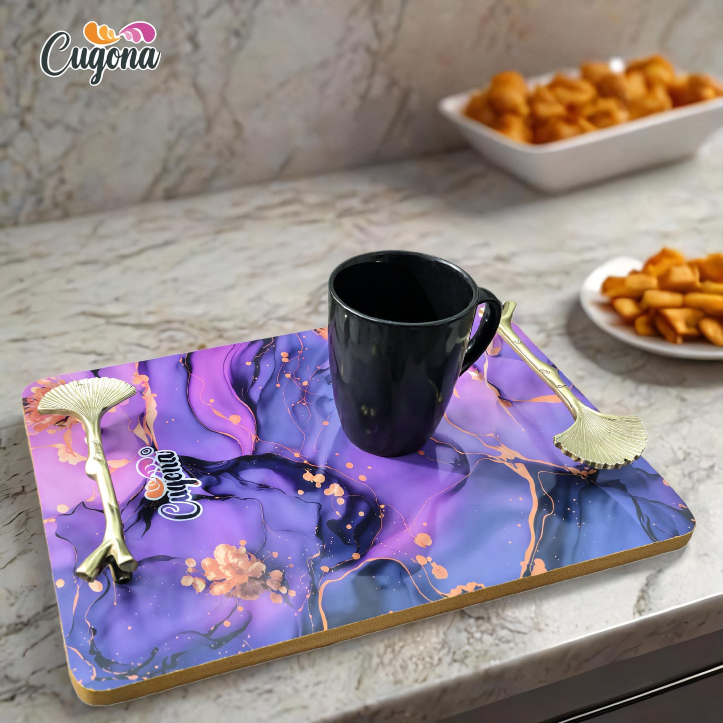 Resin Serving Tray with Golden Metal Handles 14x10 Inches – Multipurpose Tray