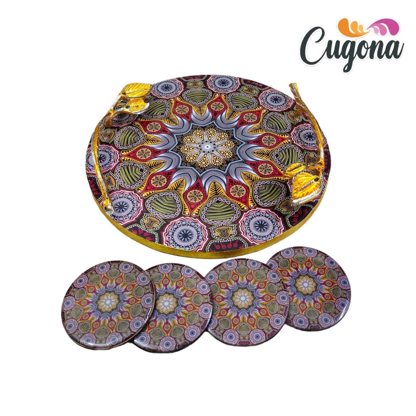 Round Wooden Serving Tray 12-Inch with golden Handles and Coasters Set of 4