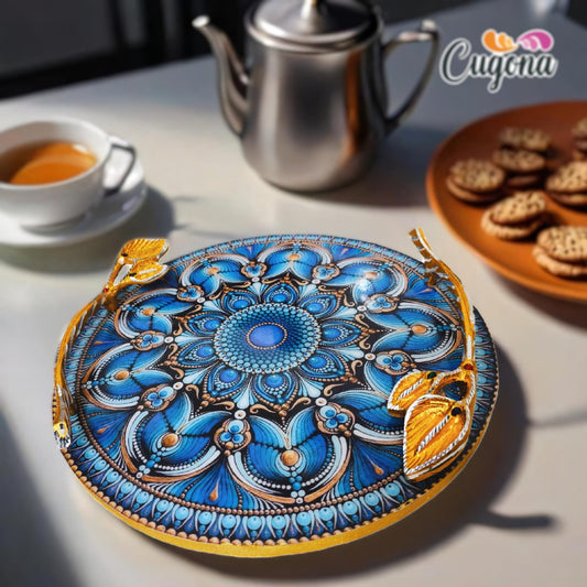 Round Serving Tray with Golden Metal Handles –12x12 Inch Resin tray- Blue Rangoli