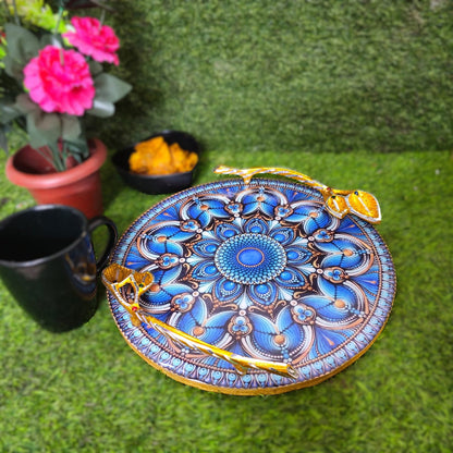 Round Serving Tray with Golden Metal Handles –12x12 Inch Resin tray- Blue Rangoli