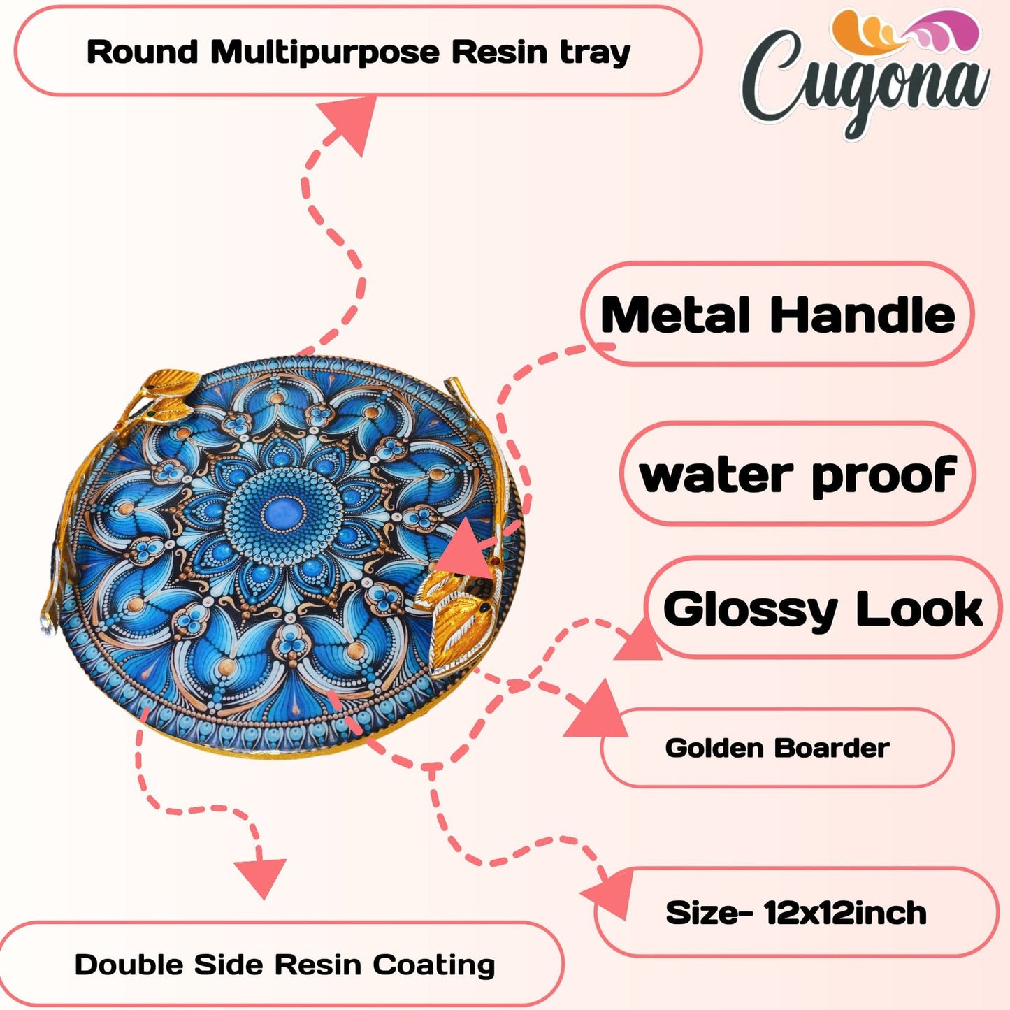 Round Serving Tray with Golden Metal Handles –12x12 Inch Resin tray- Blue Rangoli