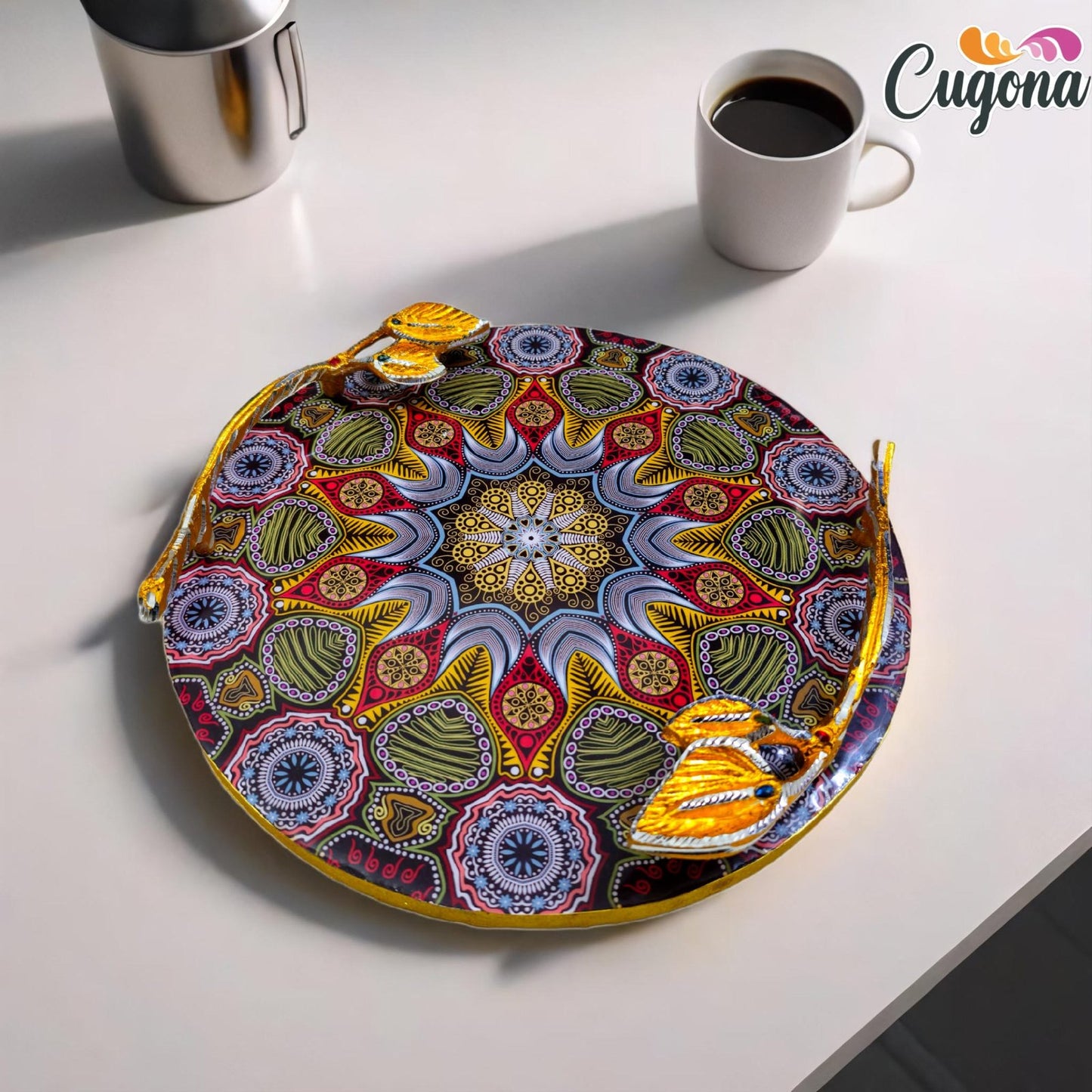 Round Serving Tray with Golden Metal Handles –12x12 Inch Resin tray