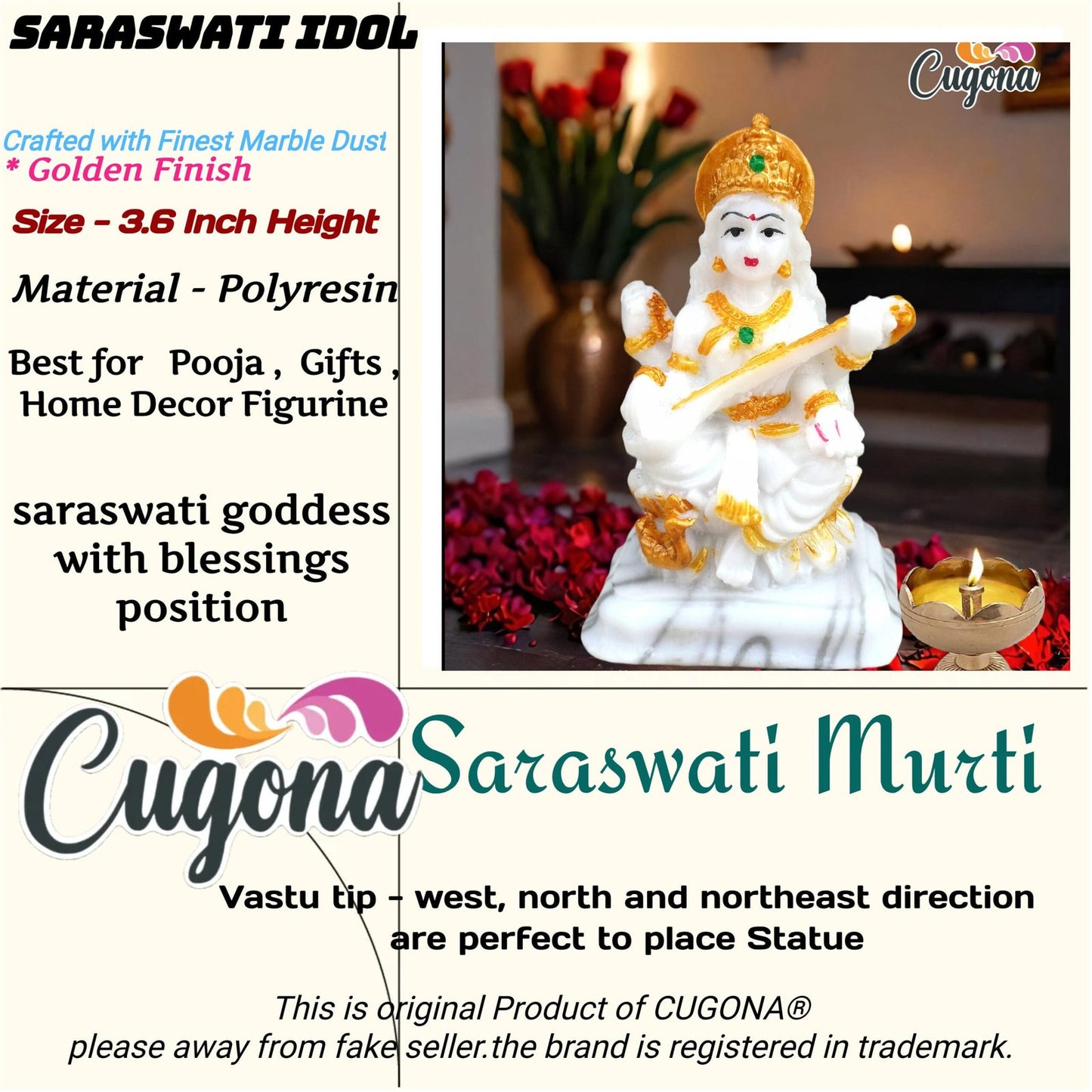 Saraswati Idol Maa Murti | 9cm Polyresin 4inch