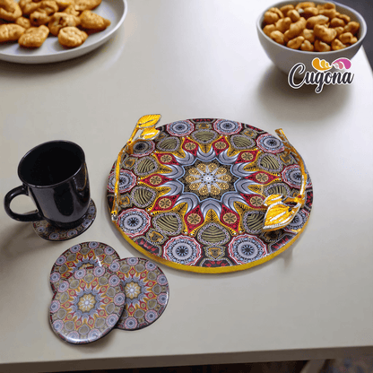 Round Wooden Serving Tray 12-Inch with golden Handles and Coasters Set of 4