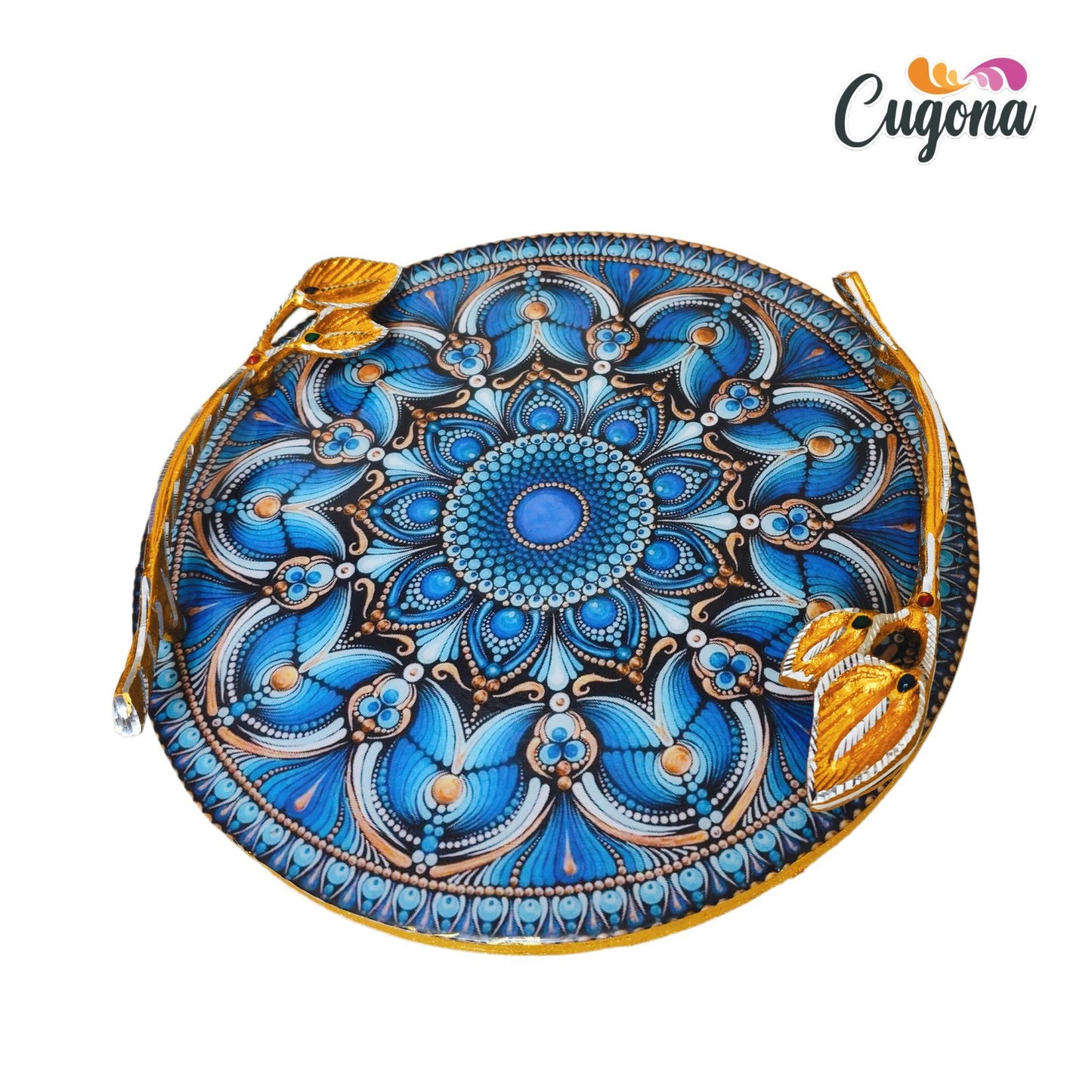 Round Serving Tray with Golden Metal Handles –12x12 Inch Resin tray- Blue Rangoli