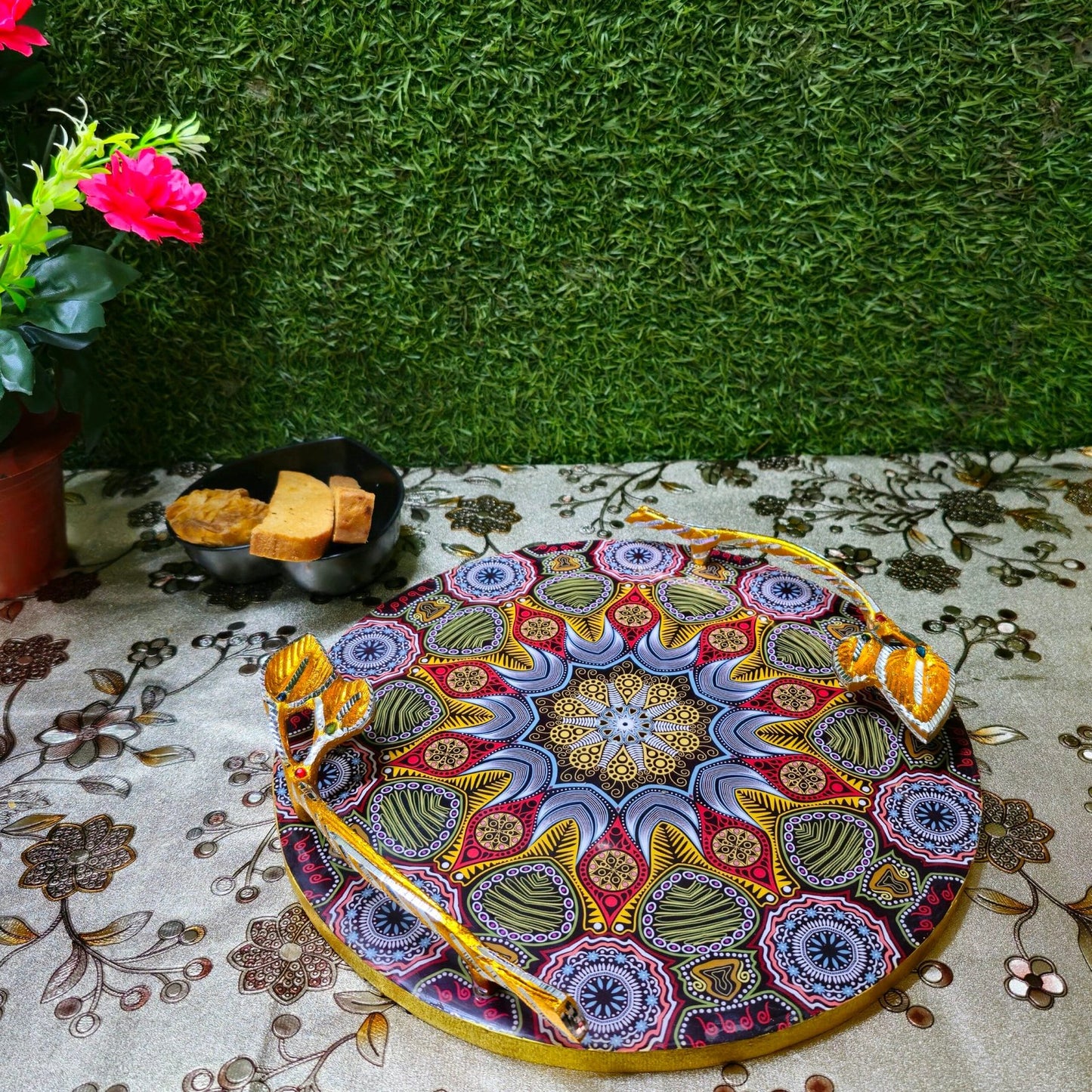 Round Serving Tray with Golden Metal Handles –12x12 Inch Resin tray