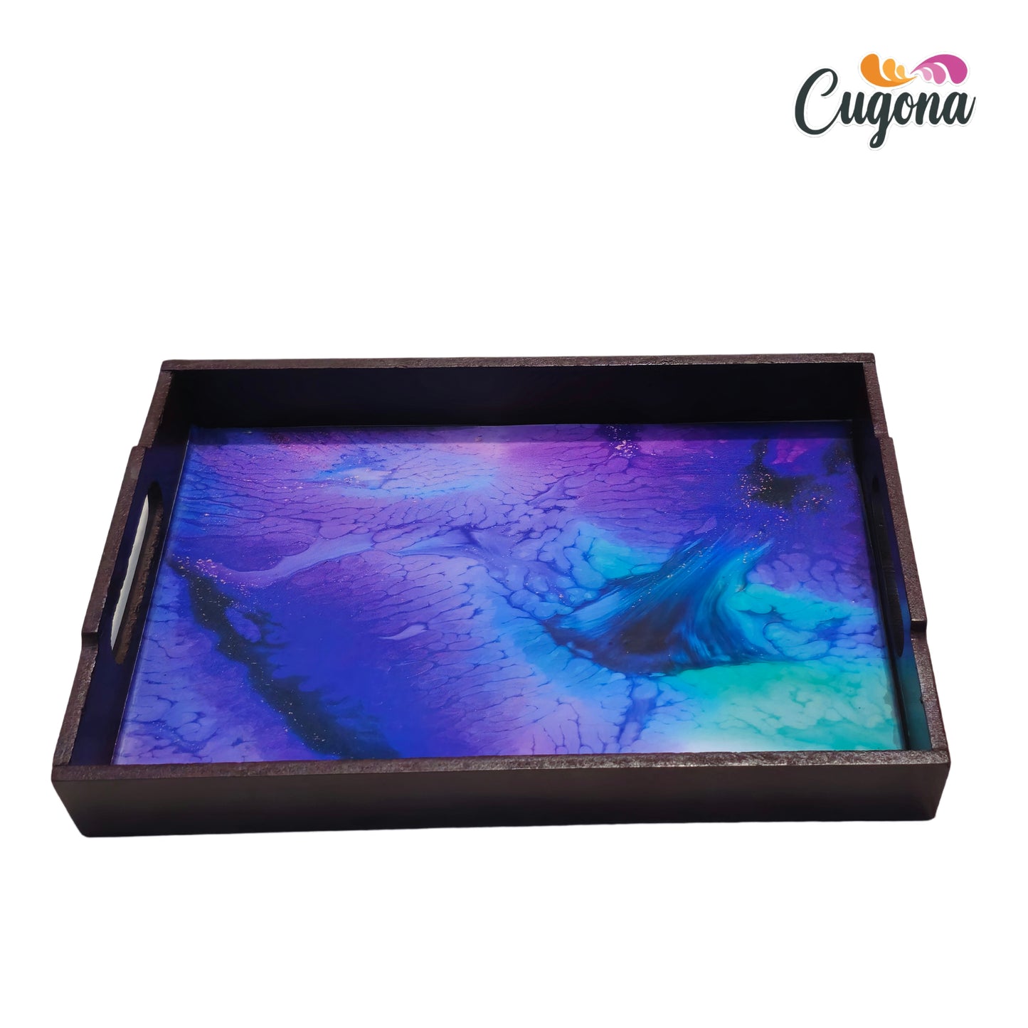 CUGONA® Wooden Serving Tray with Epoxy Resin Coating - 12x8 Inch Rectangular Tray, Glossy Finish, Lightweight & Multipurpose for Serving, Organizing, and Home Decor