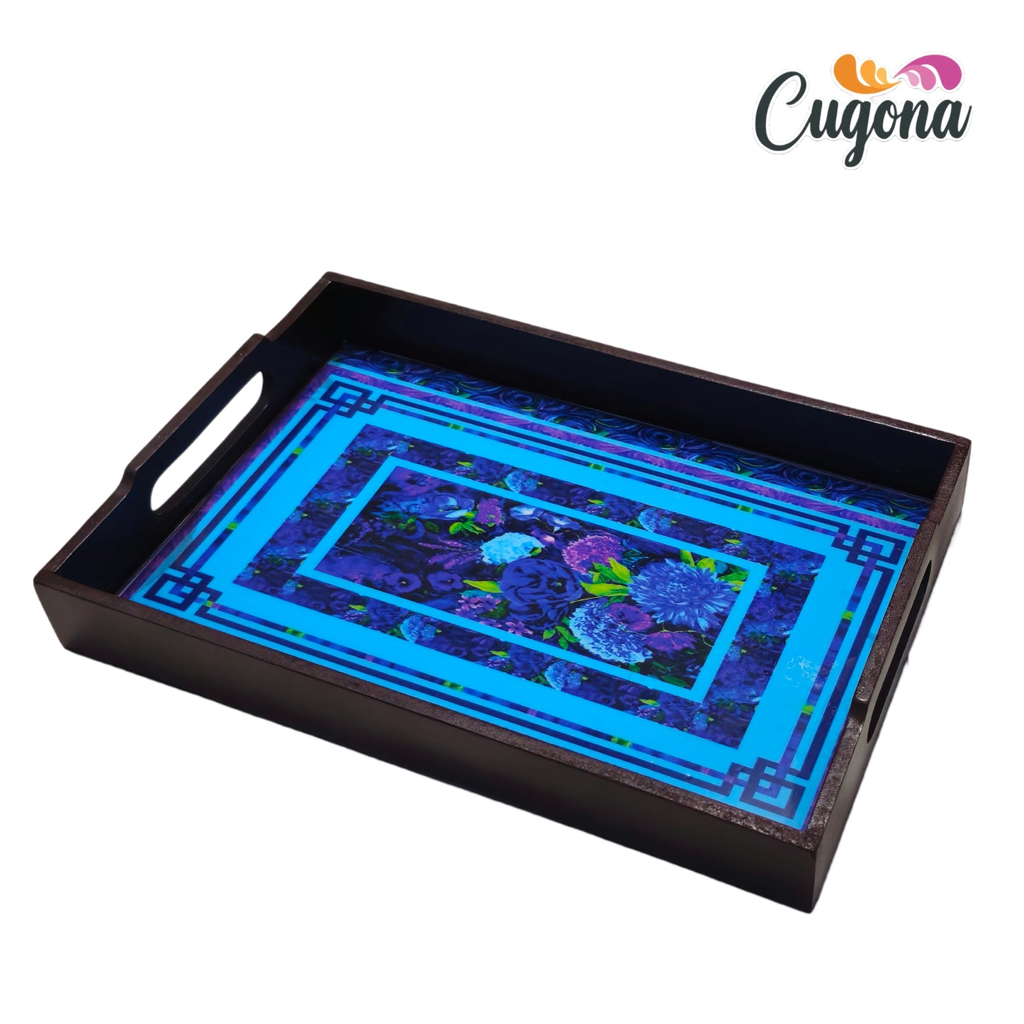 CUGONA® Wooden Serving Tray with Epoxy Resin Coating - 12x8 Inch Rectangular Tray, Glossy Finish, Lightweight & Multipurpose for Serving, Organizing, and Home Decor